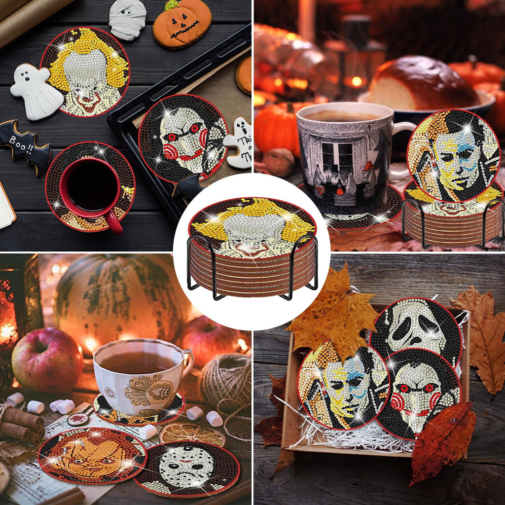 Lukinuo 8pcs Diamond Painting Coasters Kit with Holder Cork Base DIY Halloween Coaster Diamond Art Kit Full Drill Rhinestone Painting Kits for Beginners Adults Kids Art Craft Halloween Supplies
