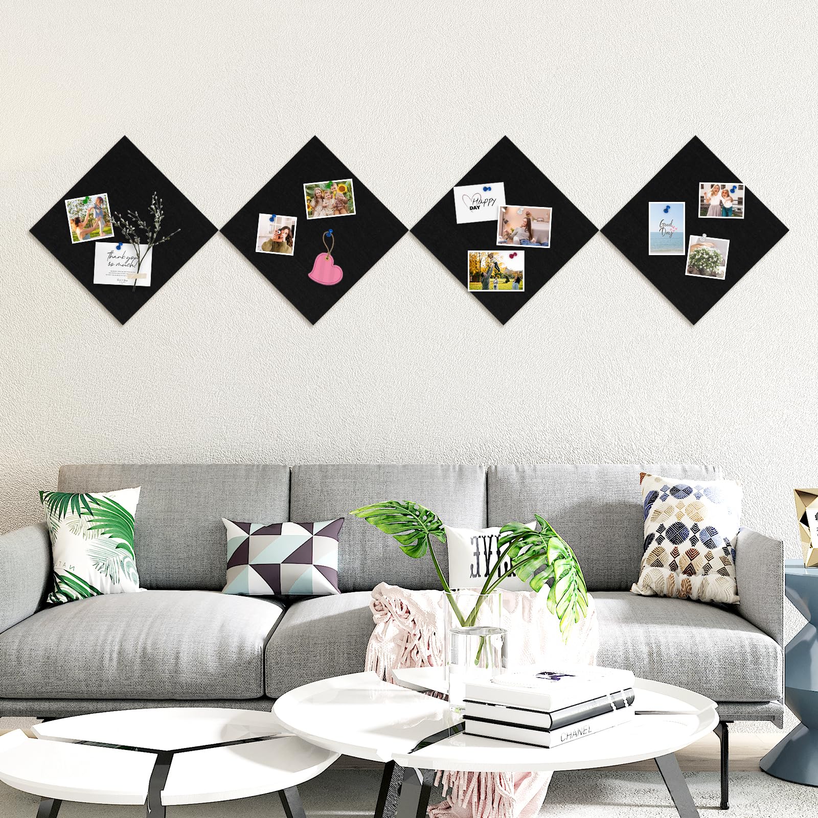 AMUSIGHT Large Cork Board Tiles, 4 Packs 12" x 12" 1/2" Thick Cork Bulletin Board Felt Board Self Adhesive Cork Boards for Walls Home Office Kitchen School, 40 Push pins, Black