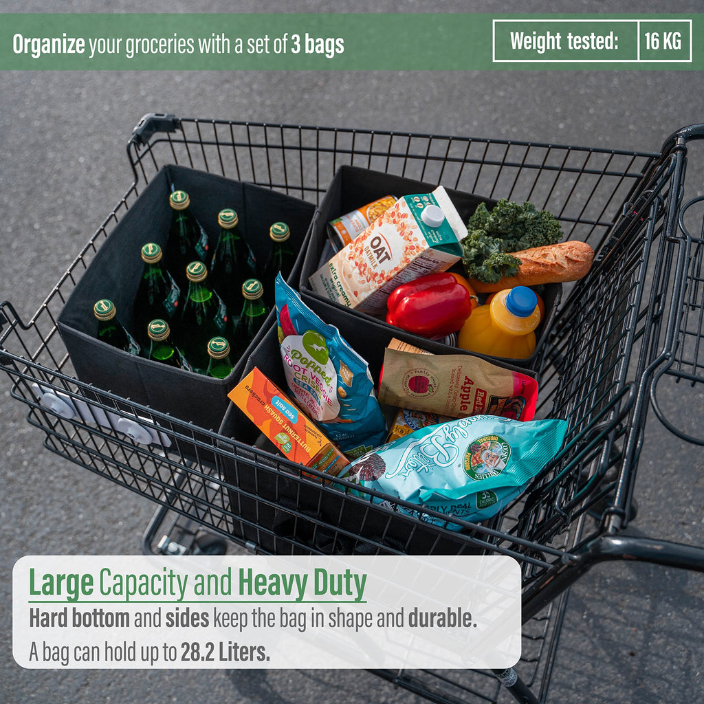 VENO 3-Pack Reusable Grocery Bag, Heavy Duty Shopping Bag, Shopping Cart Organizer, Foldable Grocery Tote Bag with Reinforced Hard Bottom
