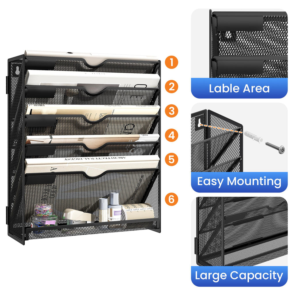 SUBEKYU File Organiser, 6-Tier A4 Wall Mounted Magazine File Holder for Mails Folders Papers, Vertical Document Organiser for Office Home - Black