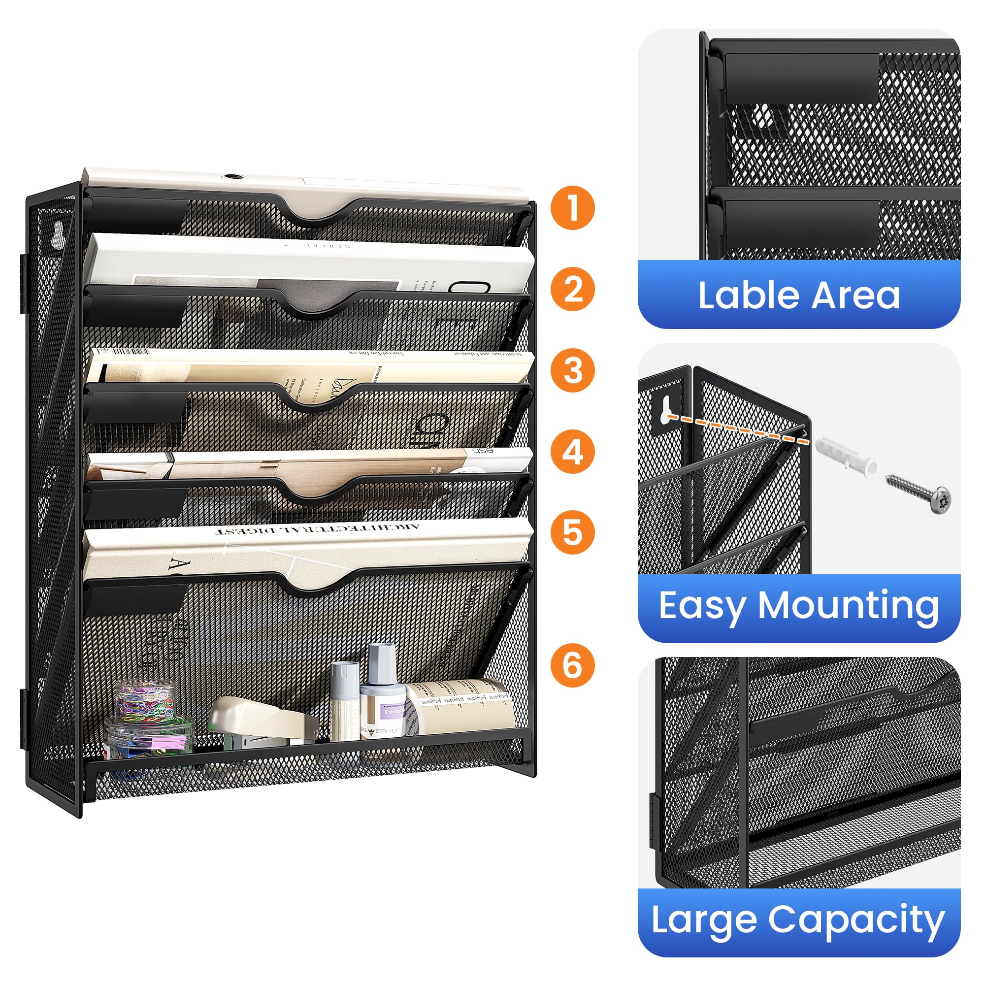 SUBEKYU File Organiser, 6-Tier A4 Wall Mounted Magazine File Holder for Mails Folders Papers, Vertical Document Organiser for Office Home - Black