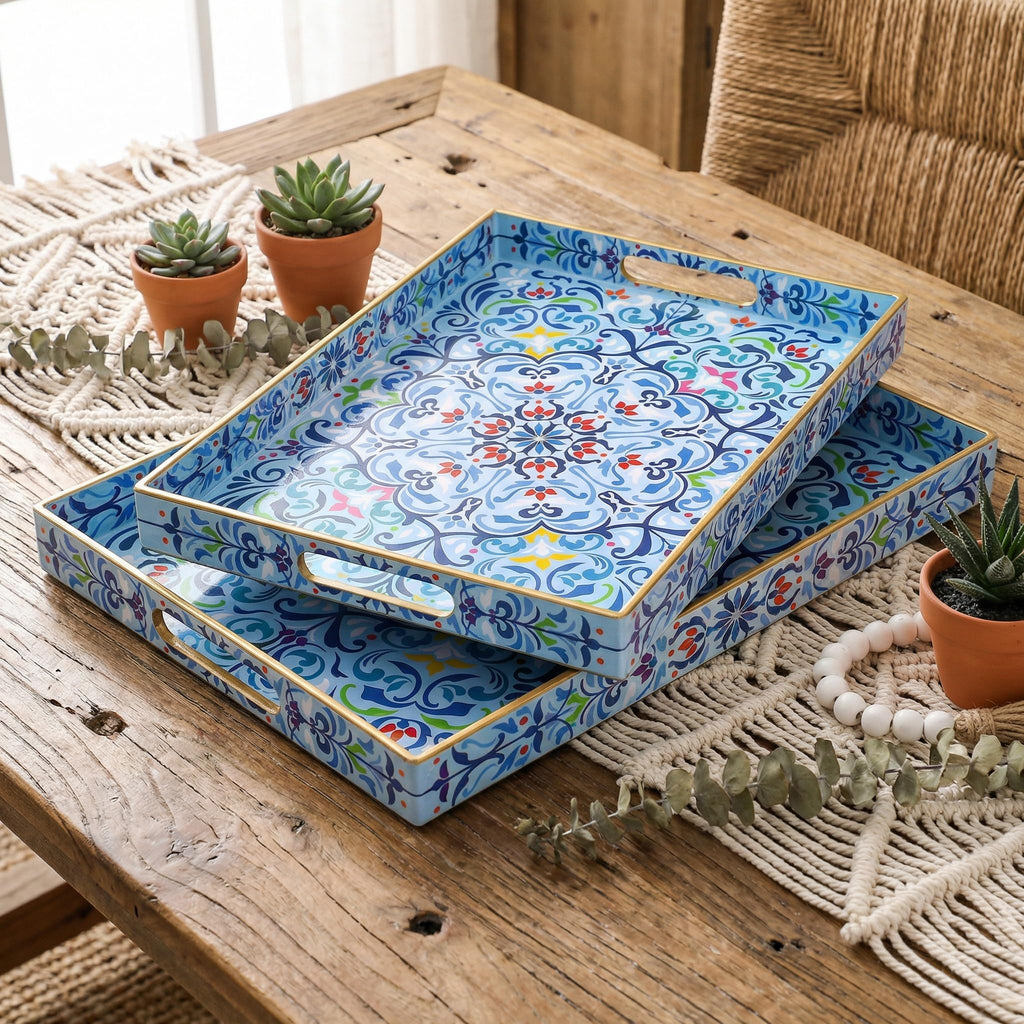 Hiceeden Set of 2 Boho Floral Serving Tray with Handles, 15.7" x 11.8" Decorative Plastic Ottoman Tray, Modern Large Coffee Table Server for Living Room, Bathroom, Rectangle, Blue