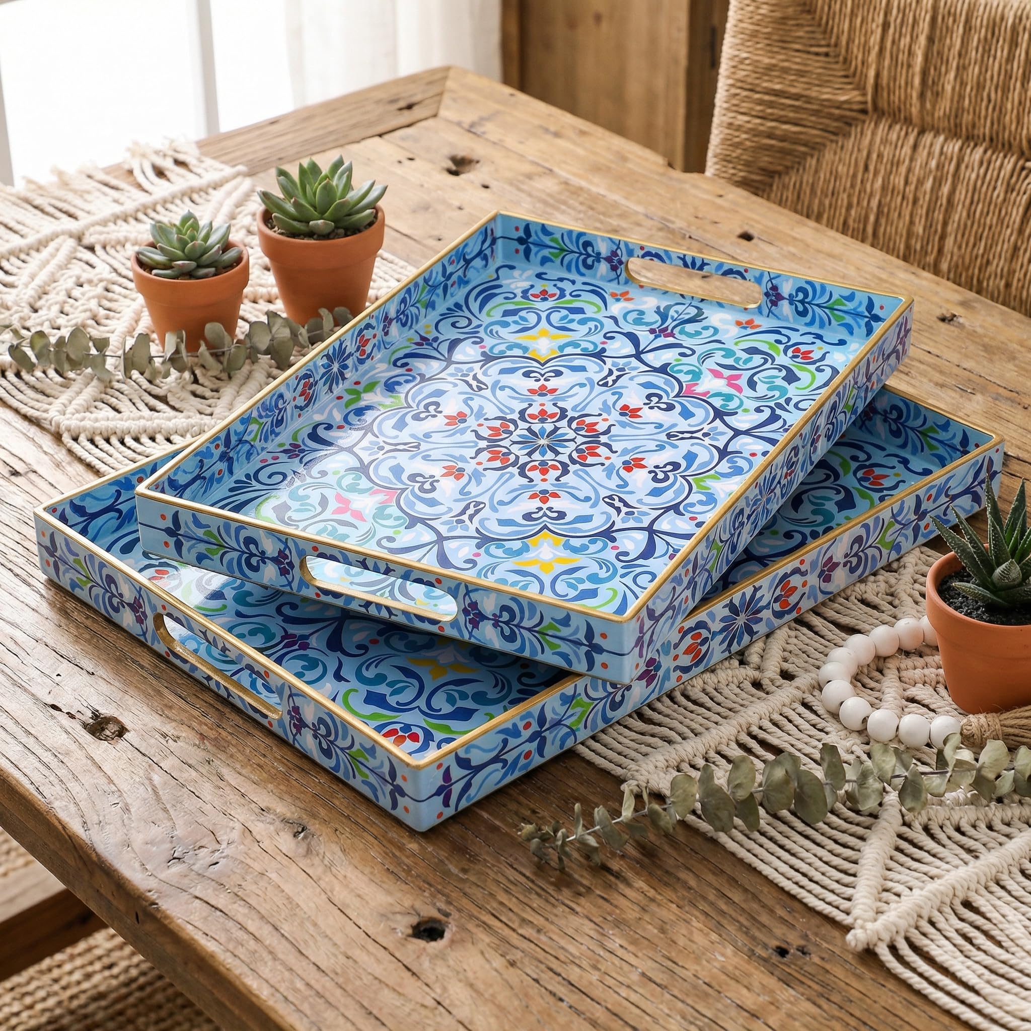 Hiceeden Set of 2 Boho Floral Serving Tray with Handles, 15.7" x 11.8" Decorative Plastic Ottoman Tray, Modern Large Coffee Table Server for Living Room, Bathroom, Rectangle, Blue