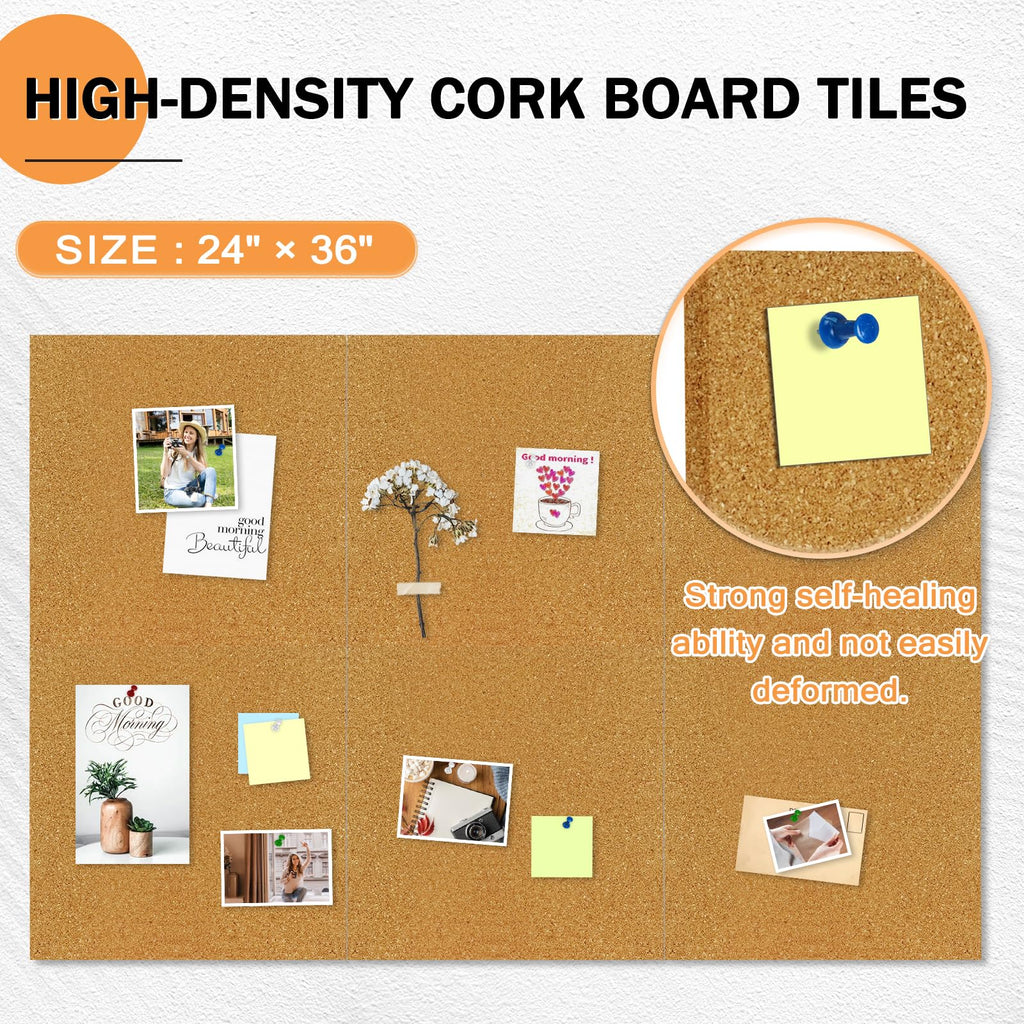 AMUSIGHT Cork Board Tiles, 6 Packs 12" x 12" 1/2" Thick Cork Bulletin Board Pin Board Self Adhesive Cork Boards for Walls with 60 Pushpins for Home Office Kitchen School