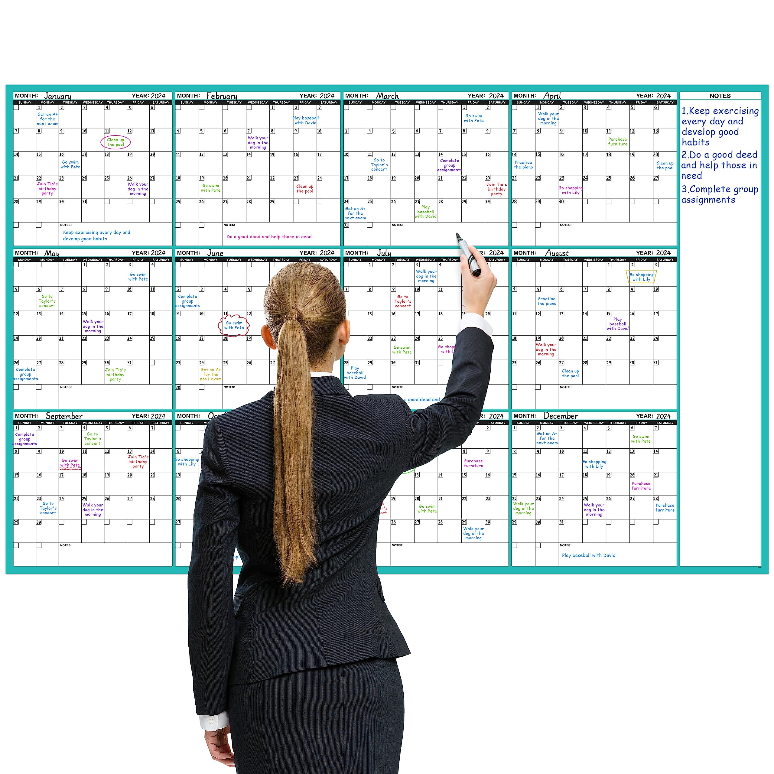 Large Dry Erase Calendar for Wall - Undated 12 Month Wall Calendar, 37”×58", Yearly Wall Calendar Dry Erase, Erasable & Reusable Calendar with 15 Round Stickers, Green Large Wall Calendar Dry Erase