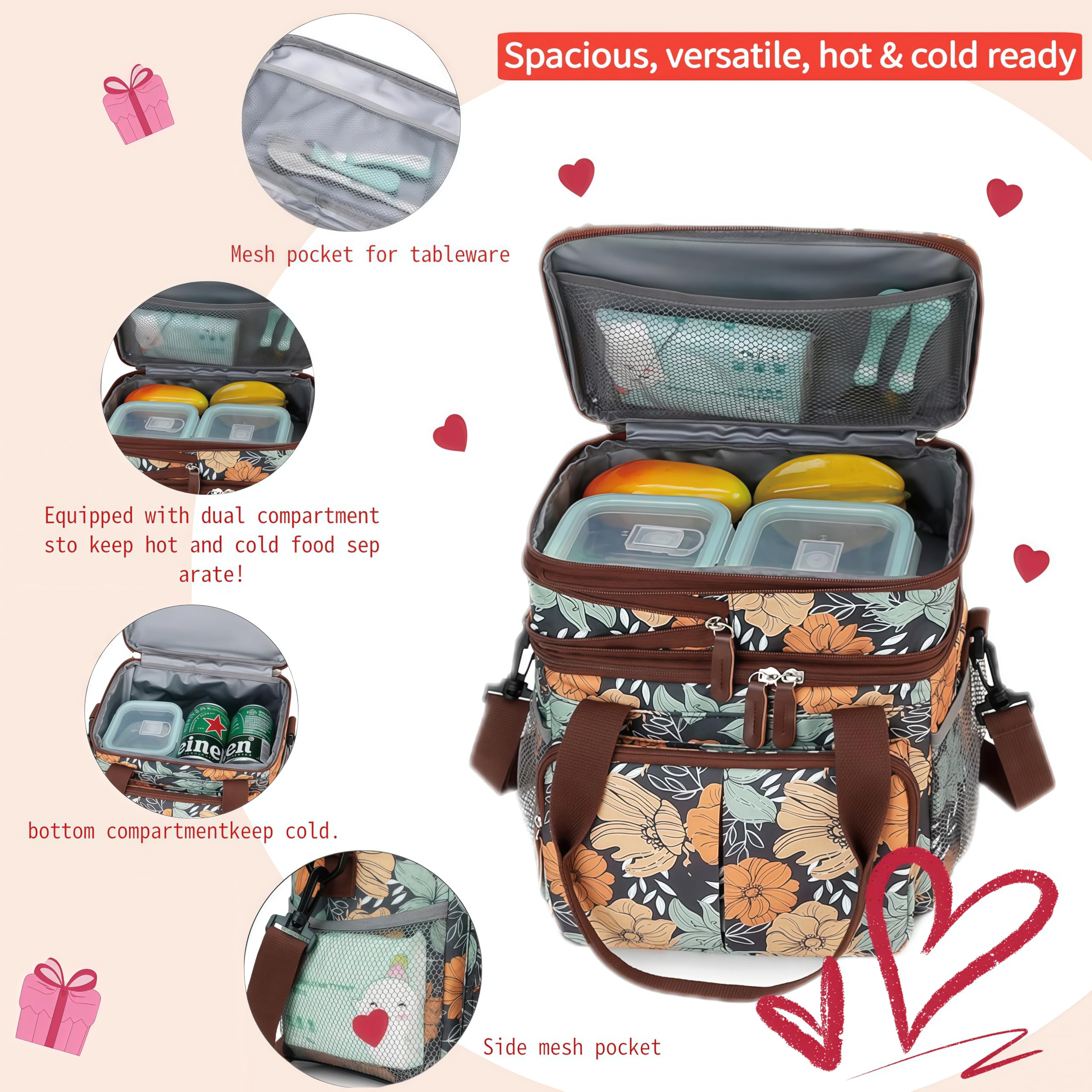Expandable Insulated Lunch Bag for Women & Men - Large Leakproof Cooler Tote with 8 Pockets(Yellow Flowers)