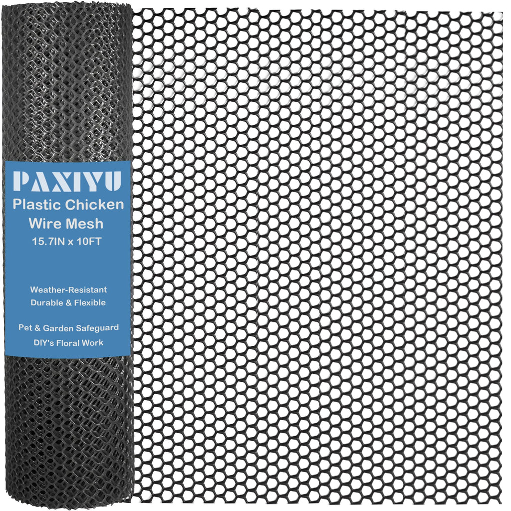 15.7IN x 10FT Black Plastic Chicken Wire Mesh Roll - Durable Plastic Mesh Fence for Poultry, Dogs, Rabbits, Garden & Snake Barrier - Easy to Cut & Install with 16 Zip Ties