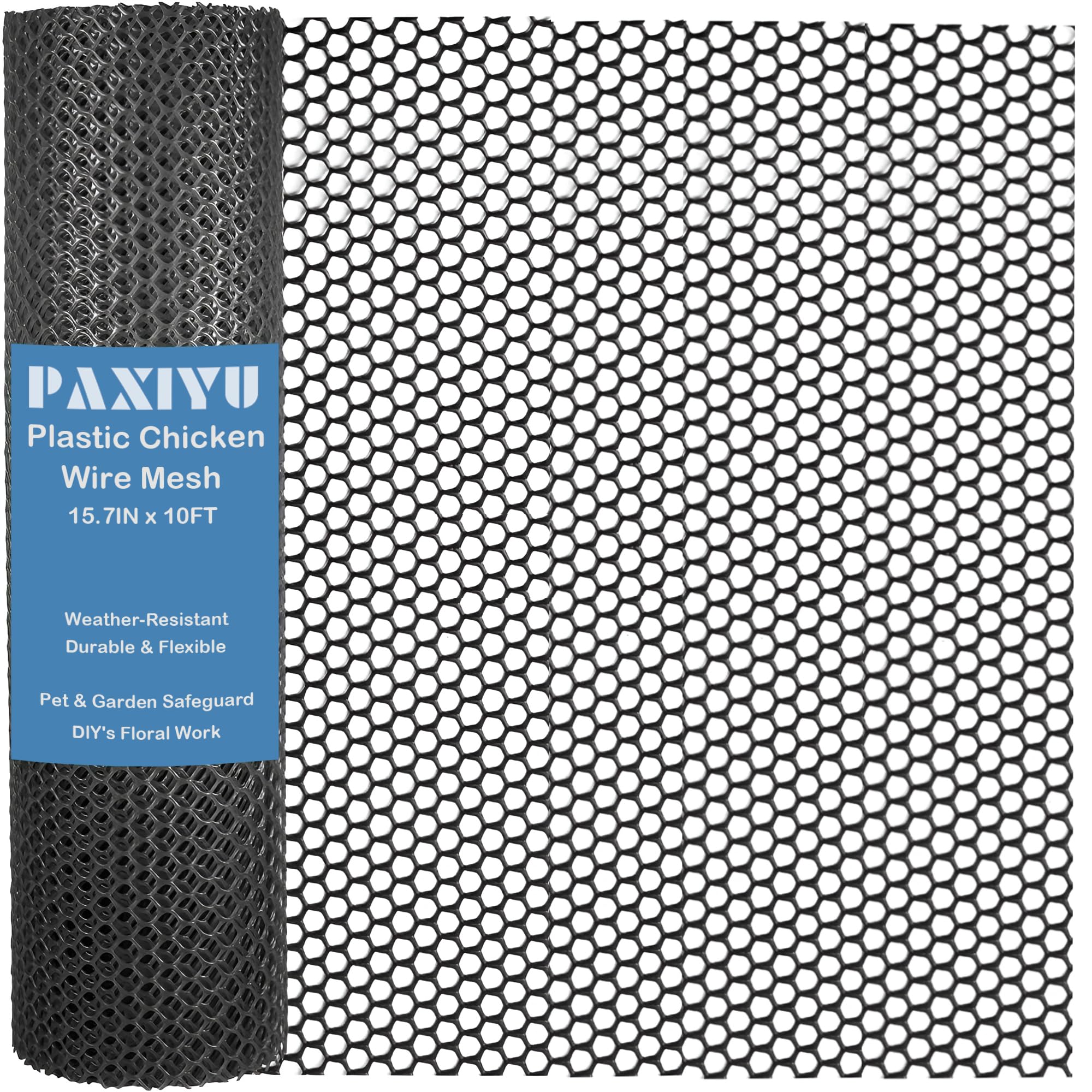 15.7IN x 10FT Black Plastic Chicken Wire Mesh Roll - Durable Plastic Mesh Fence for Poultry, Dogs, Rabbits, Garden & Snake Barrier - Easy to Cut & Install with 16 Zip Ties