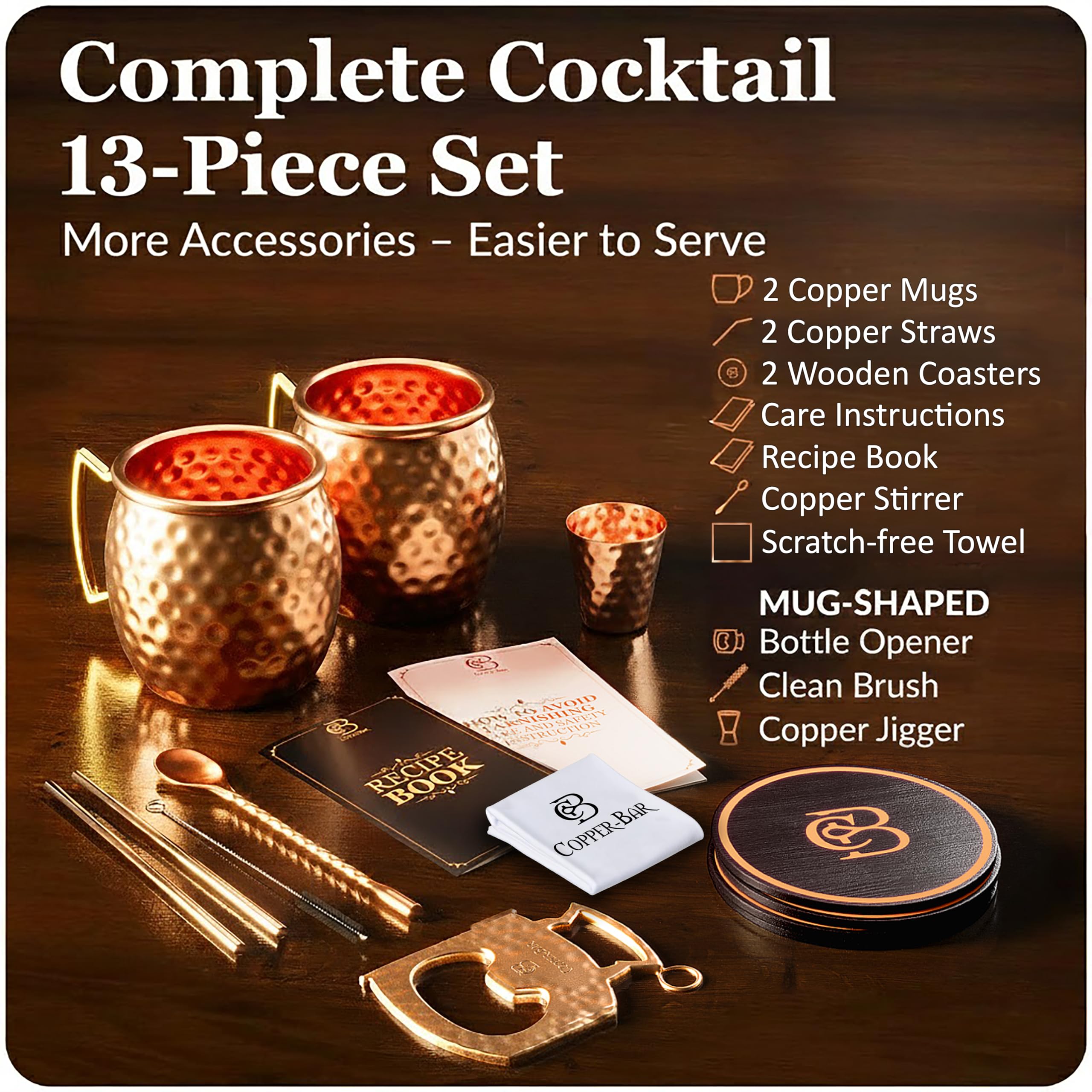 COPPER-BAR Moscow Mule Copper Mugs - Unique HANDCRAFTED Gift Set of 2, Hammered by Artisan, 100% Pure Solid Copper Cups 16oz for Drinking Water & Cocktails, Include 13 Pcs accessories & Special Opener