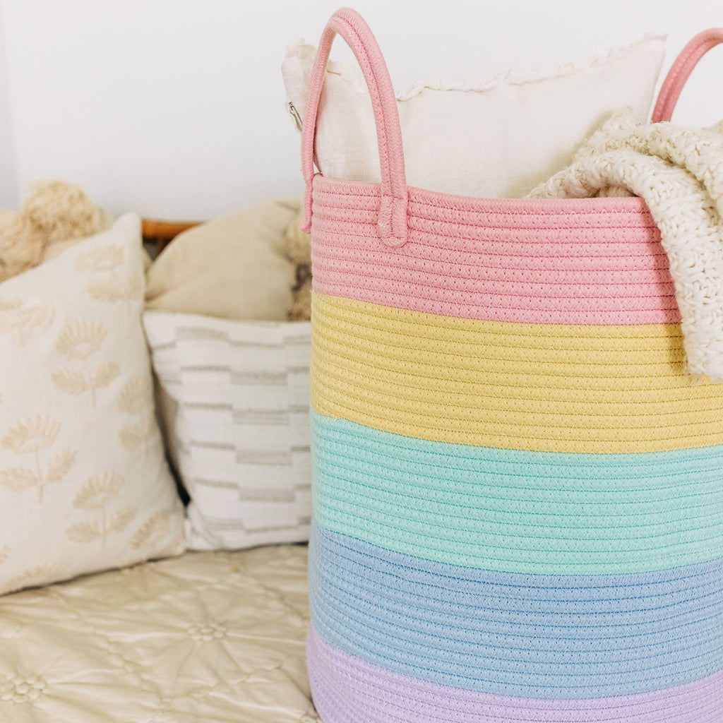 OrganiHaus Tall Rainbow Basket with Handles, Woven Cotton Rope Laundry Basket, Rope Baskets for Dirty Clothes,Towels and Blankets, Large Decorative Storage Bin for Bedroom - 38x45cm