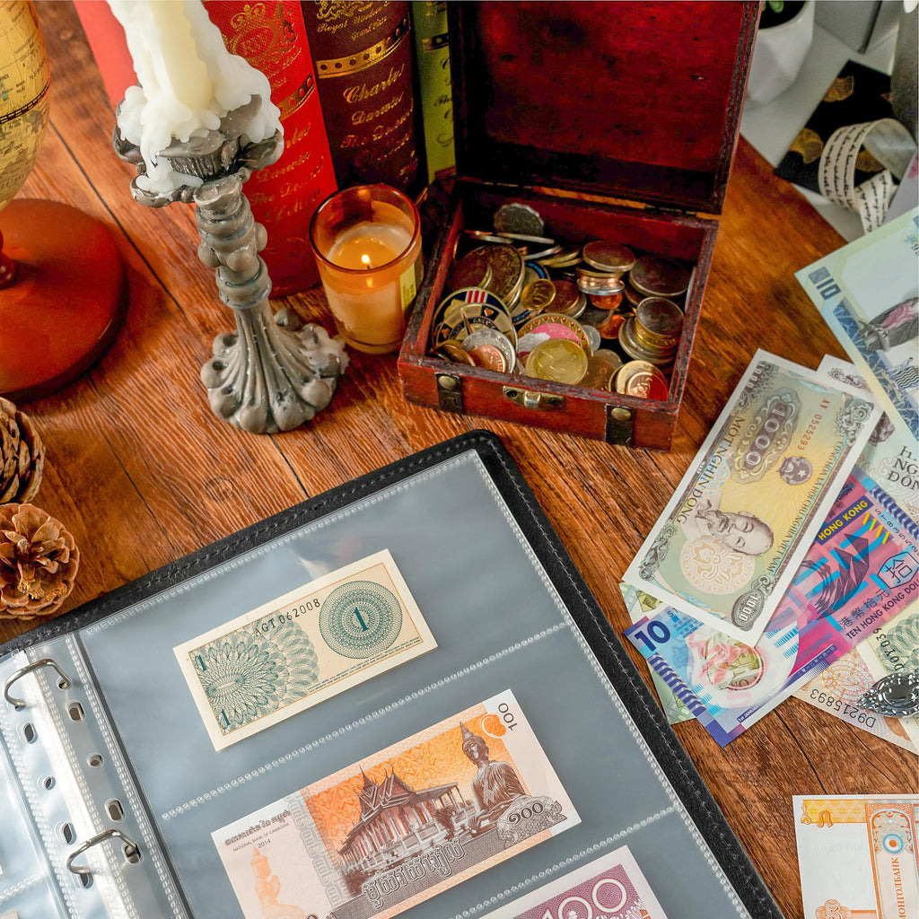 300 Pockets Currency Pages - 50 Sheets Double-Sided Currency Sleeves PP Material Currency Holder Collecting Album Pages for Paper Money Collection PCP0150
