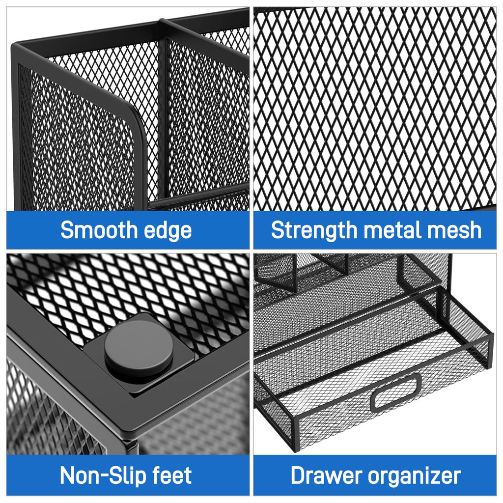 Mesh Pen Holder Desk Organizer, Multi-Function Pen Organizer with Drawer, Cute Desk Organizers and Accessories for Office Supplies Black