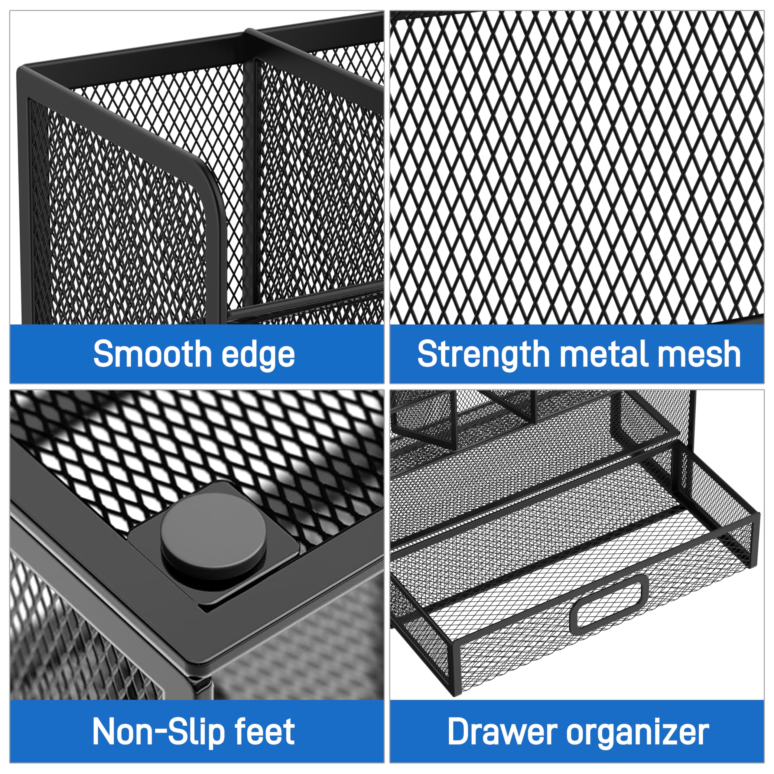 Mesh Pen Holder Desk Organizer, Multi-Function Pen Organizer with Drawer, Cute Desk Organizers and Accessories for Office Supplies Black