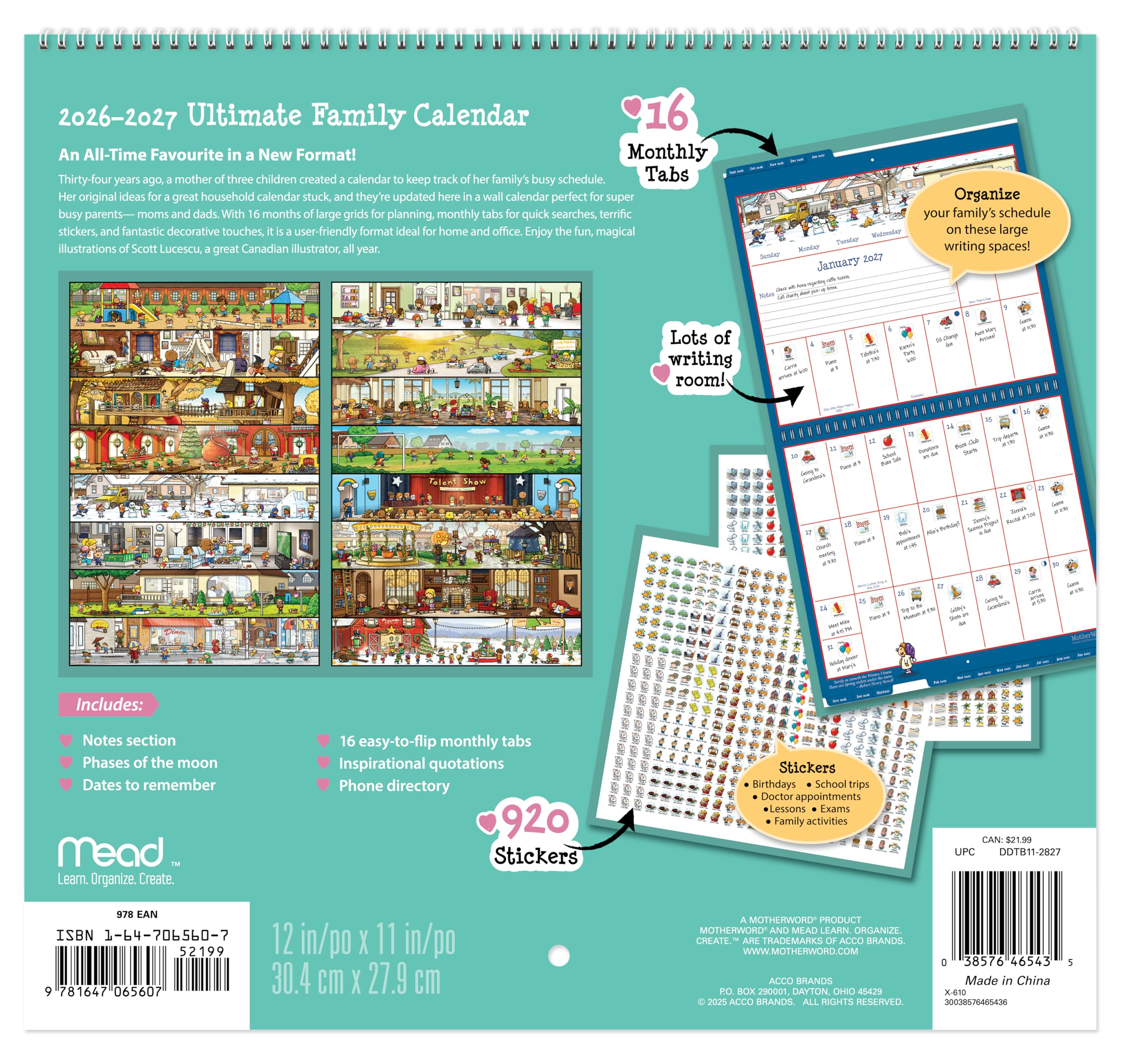 2027 MotherWord Ultimate Wall Calendar, 16-Month Family Planner, Sept 2026-Dec 2027, English, Tabbed Version, 12" x 21.5" (DDTB112827)