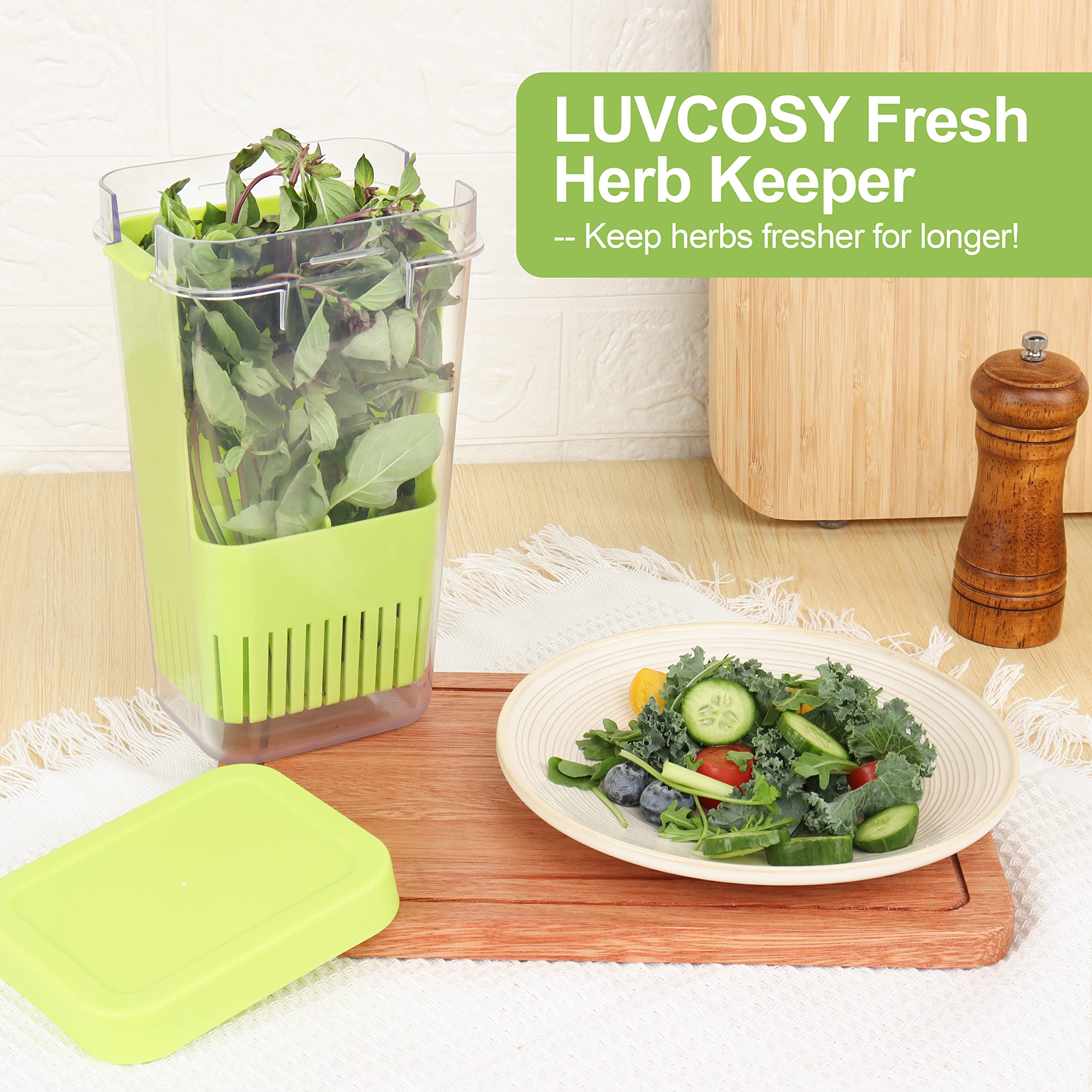 LUVCOSY 2 Pack Herb Keeper, BPA-Free Plastic Herb Saver with Inner Basket, Storage Container for Cilantro, Mint, Parsley, and Asparagus, Keeps Food Fresh for 3 Times Longer (Green & Blue)