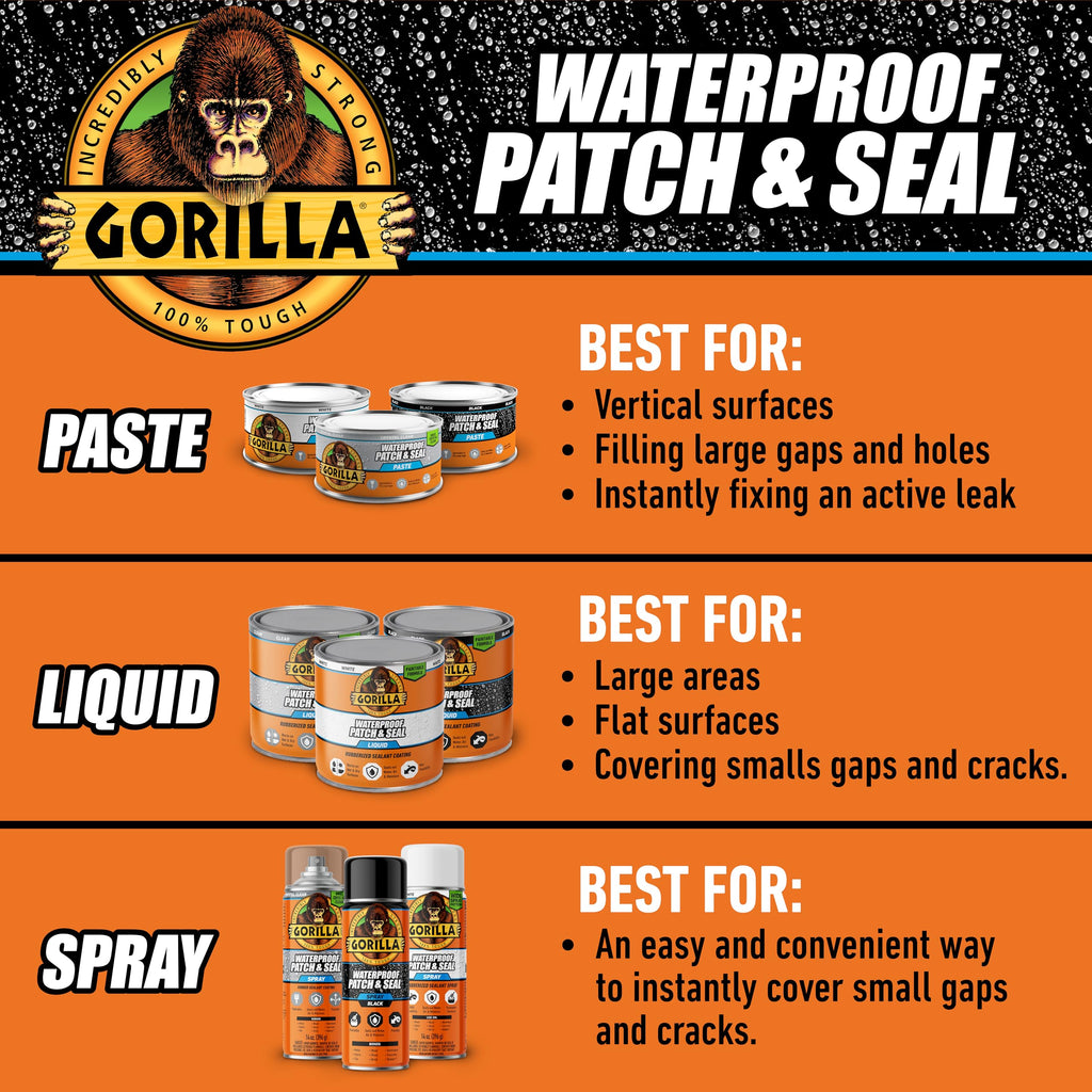 Gorilla Waterproof Patch & Seal Rubberized Sealant Paste, 12.8 Ounce Can, Clear (Pack of 1) - Stops Leaks, Flexible Gap & Crack Filler, Shrink & Mildew Resistant, Paintable