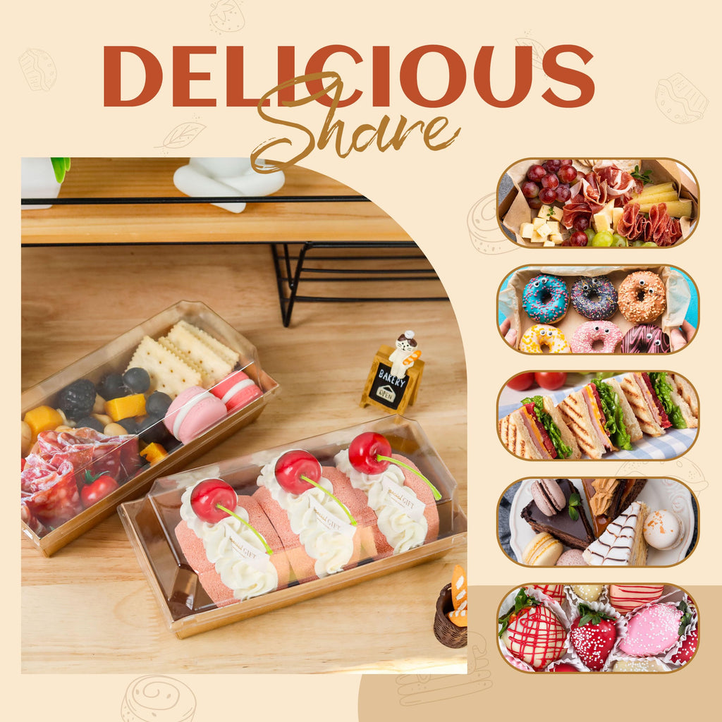 NPLUX Charcuterie Boxes with Clear Lids Mini Dessert Bakery Boxes Disposable To Go Food Containers for Cookie Cake Slice Sushi Strawberry 7.48x3.35x2.5INCH(50 Pack, Brown)