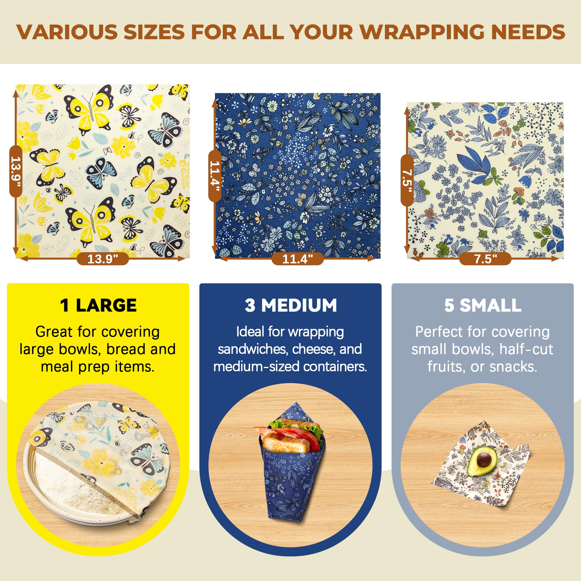 OHIYO Reusable Beeswax Wraps for Food, 9 Pack Organic Cotton Beeswax Paper (1XL+3M+5S), Bread Sandwich Wrap, Suitable for Bowls, Fruit, Cheese, Burger