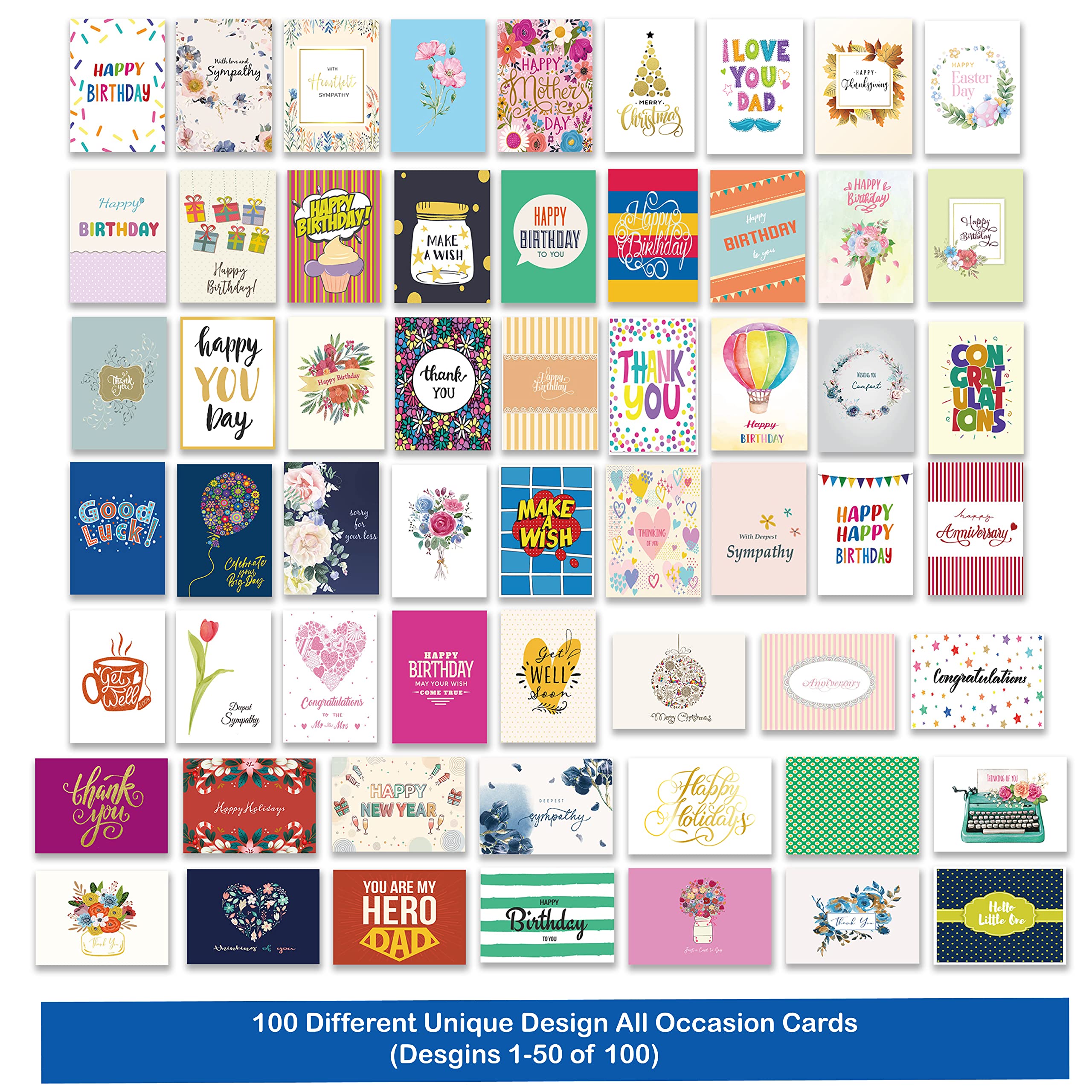 Janvale 100 All Occasion Cards Assortment Box with Color Envelopes，All Occasion Cards Set with Greeting Inside, Large 5 x 7 inch Cards with Stickers and Dividers