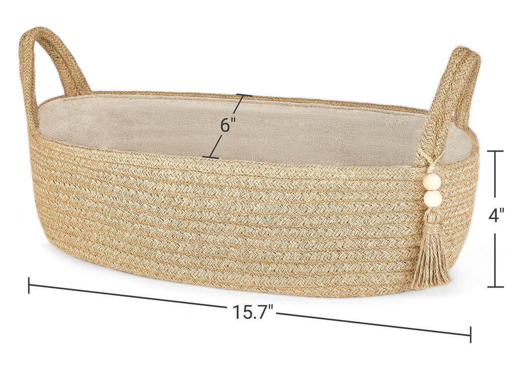 Mkono Small Storage Basket for Toilet Tank Top Boho Bathroom Decor Woven Rope Toilet Paper Tray Back of Toilet Organizer for Shelf Bedroom Living Room, Jute, 1 Pack, 15.7" L x 6" W