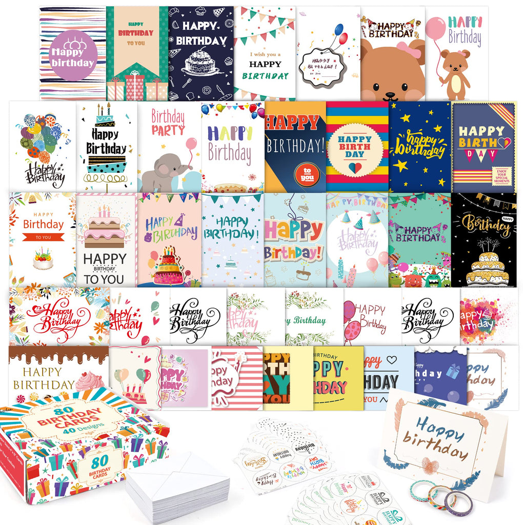 feela Birthday Cards, 80 Pack 40 Designs Happy Birthday Card Assorted Bulk with 80 Blank Envelopes 84 Pieces of Stickers 3 Washi Tapes, 4 X 6 Inches Greeting Cards (40 Pack X2)