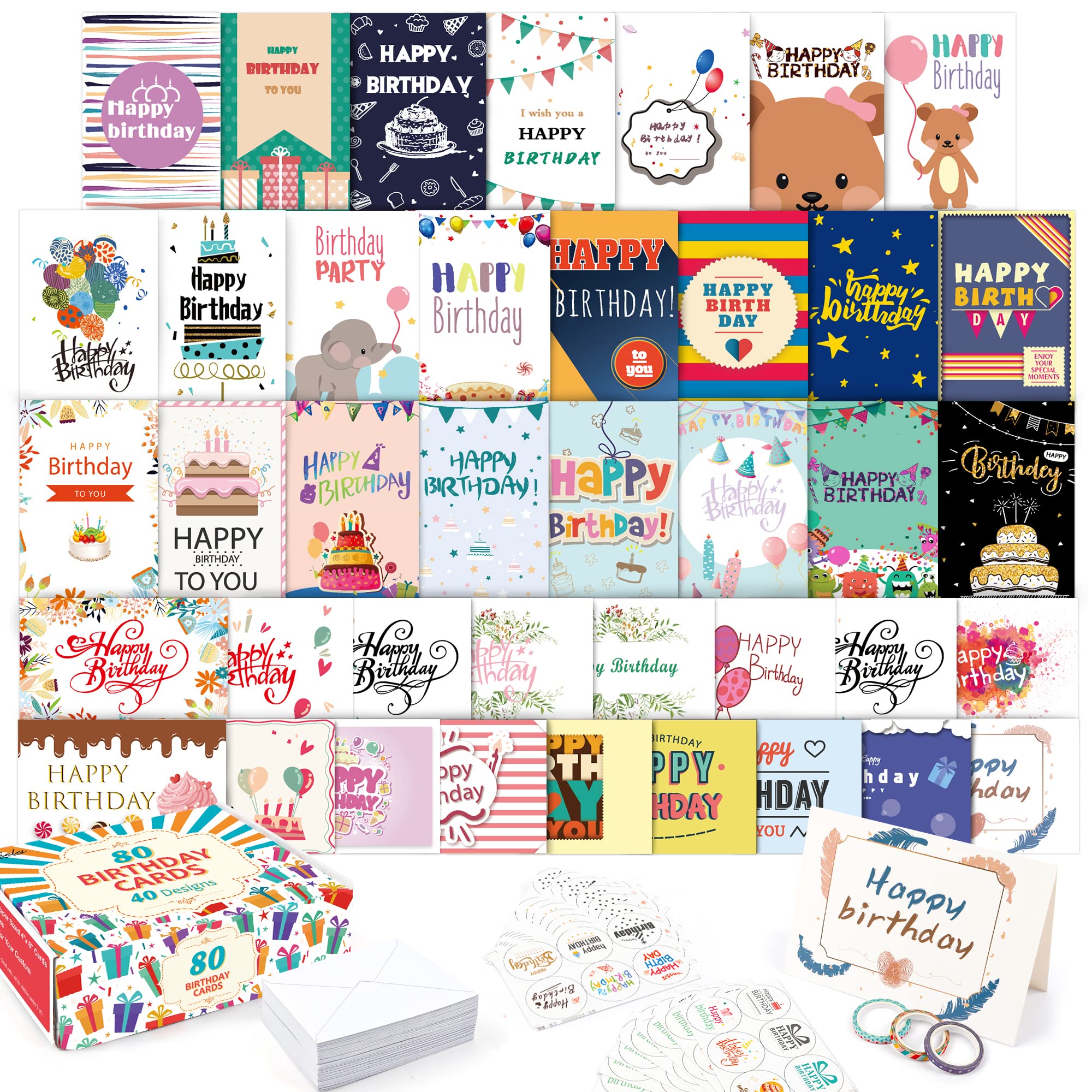 feela Birthday Cards, 80 Pack 40 Designs Happy Birthday Card Assorted Bulk with 80 Blank Envelopes 84 Pieces of Stickers 3 Washi Tapes, 4 X 6 Inches Greeting Cards (40 Pack X2)