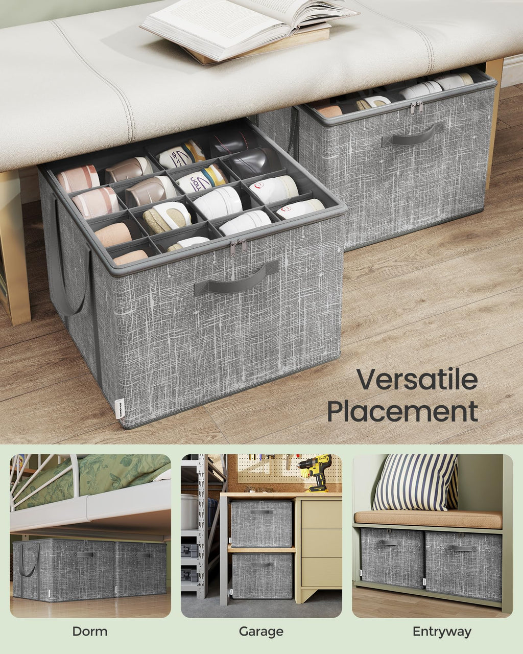 SONGMICS Set of 2 Shoe Organizers for Closet, Fits 16 Pairs Each, Shoe Storage Bins, Fabric Containers with Handles and Clear Cover, for Bedroom, Entryway, Closet, Cattail Gray ULSP602G01