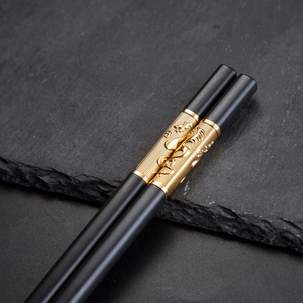Youda Golden Dragon Chopsticks Set-Premium Alloy Metal Reusable Chopsticks with Holder & Gift Bag, Traditional Chinese Design, Dishwasher Safe, Elegant Gift Box (2 Pairs)
