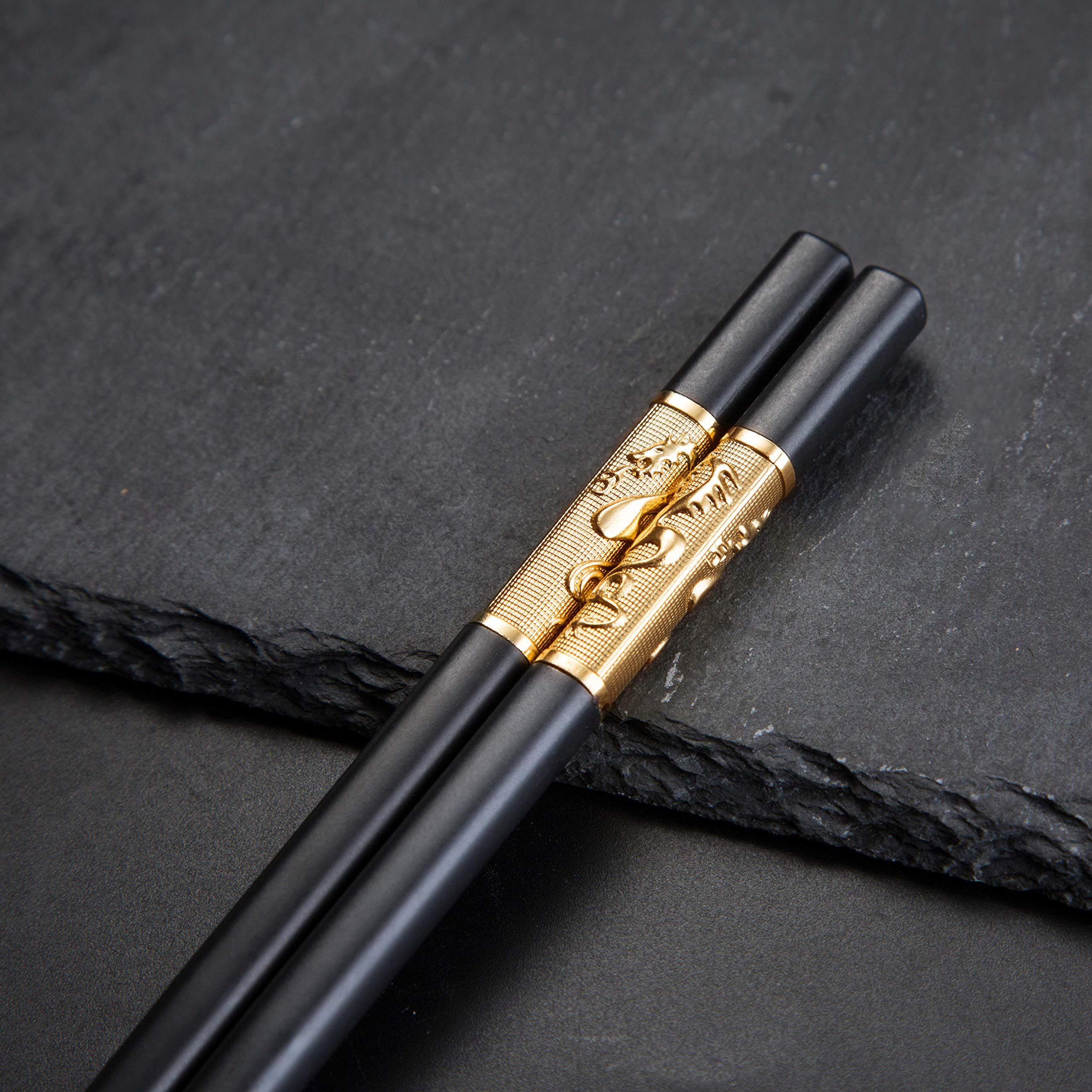 Youda Golden Dragon Chopsticks Set-Premium Alloy Metal Reusable Chopsticks with Holder & Gift Bag, Traditional Chinese Design, Dishwasher Safe, Elegant Gift Box (2 Pairs)