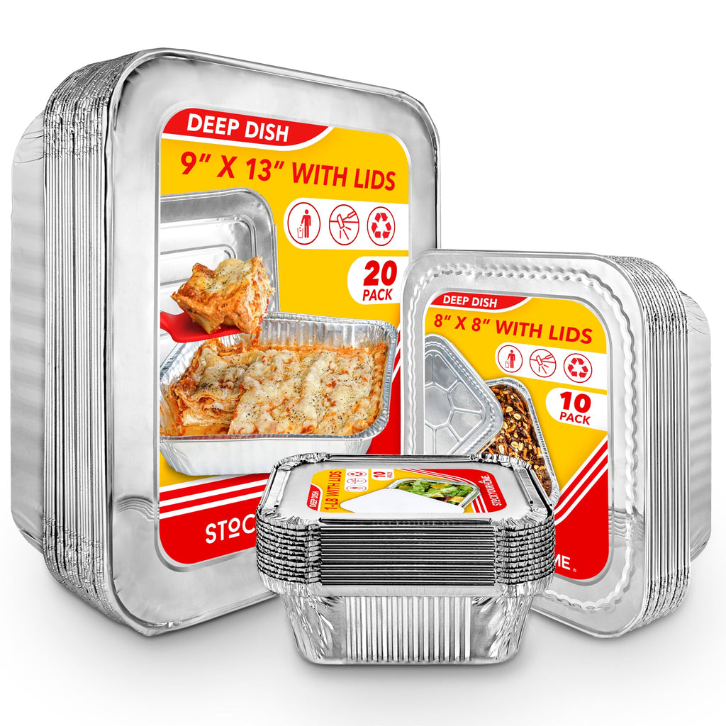 Stock Your Home Disposable Foil Pans with Lids (Set of 40) - Heavy Duty Aluminum Trays (20) 9x13, (10) 8x8, (10) 1-Lb Baking Tins with Covers for Cooking, Heating, Storing, Holiday Dinner Meals