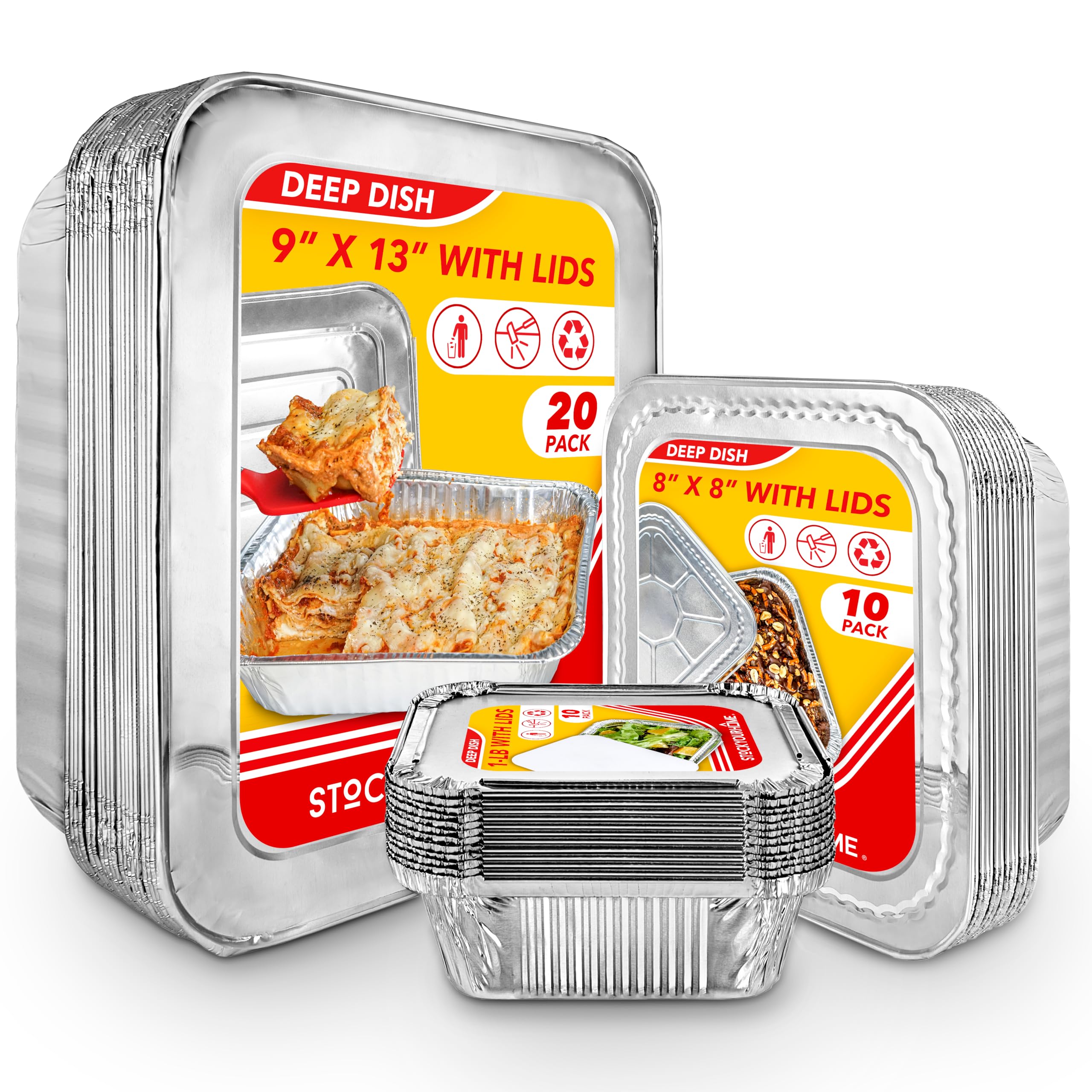 Stock Your Home Disposable Foil Pans with Lids (Set of 40) - Heavy Duty Aluminum Trays (20) 9x13, (10) 8x8, (10) 1-Lb Baking Tins with Covers for Cooking, Heating, Storing, Holiday Dinner Meals