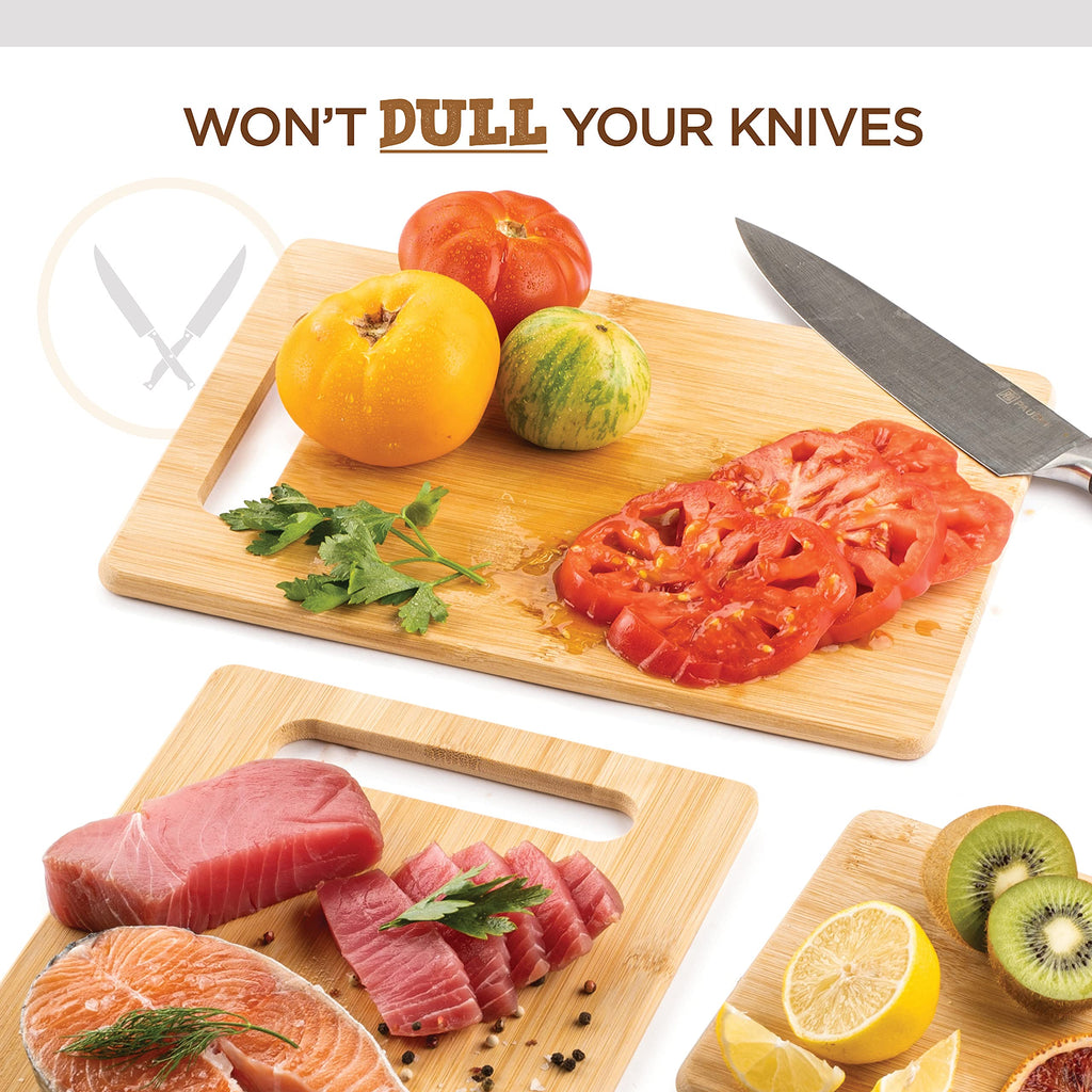 Cutting Board Set - 3 Piece Bamboo Cutting Boards, Wooden Cutting Board for Kitchen, Non Toxic Chopping Board for Food Prep, Serving, Meal Prep, Carving Meat, Fruits, Vegetables, Bread, Cheese, Snacks