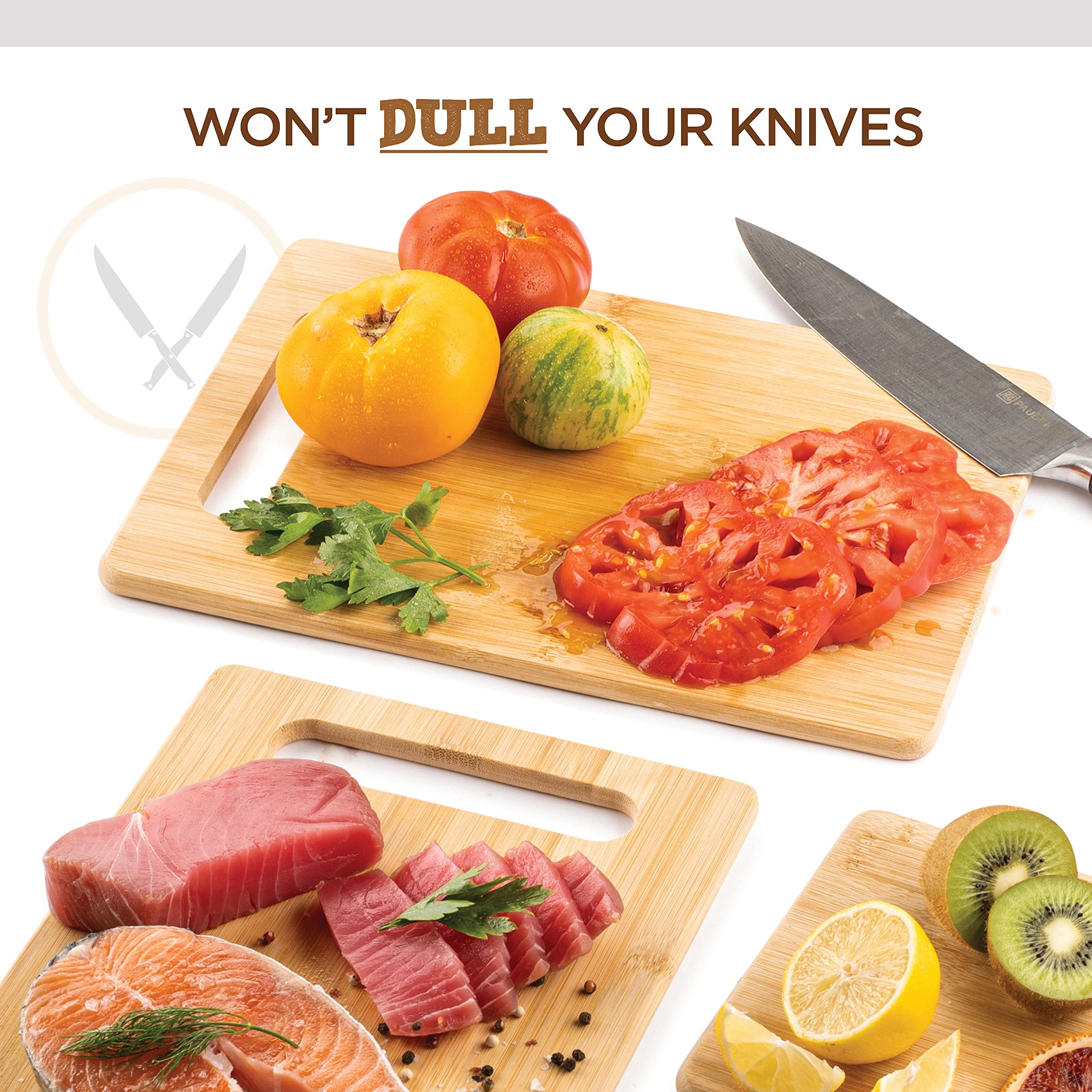 Cutting Board Set - 3 Piece Bamboo Cutting Boards, Wooden Cutting Board for Kitchen, Non Toxic Chopping Board for Food Prep, Serving, Meal Prep, Carving Meat, Fruits, Vegetables, Bread, Cheese, Snacks