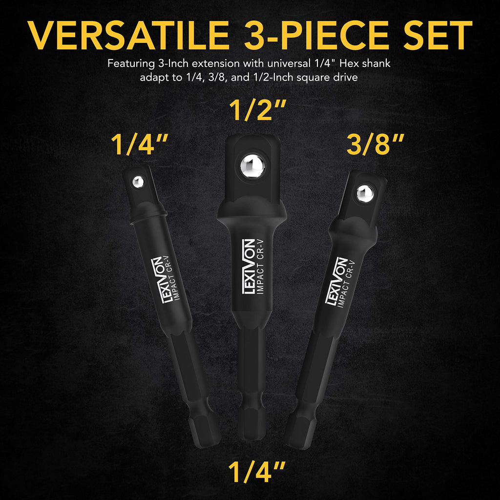 LEXIVON 6-Piece Impact Grade Socket Adapter Set - 3" & 6" Extension Bit with Holder | 1/4", 3/8", and 1/2" Drive, Adapt Your Power Drill to High Torque Impact Wrench (LX-105)