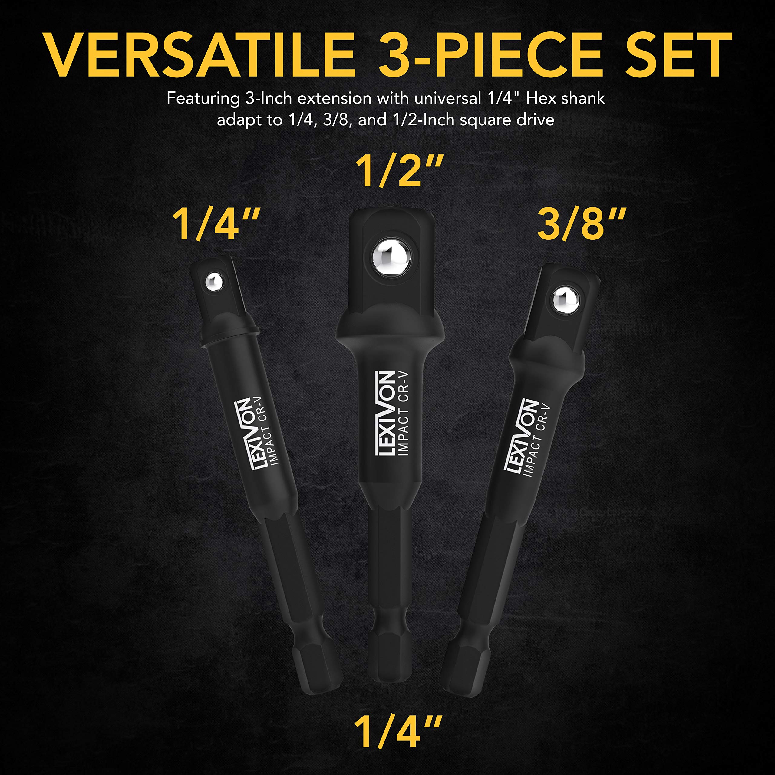LEXIVON 6-Piece Impact Grade Socket Adapter Set - 3" & 6" Extension Bit with Holder | 1/4", 3/8", and 1/2" Drive, Adapt Your Power Drill to High Torque Impact Wrench (LX-105)