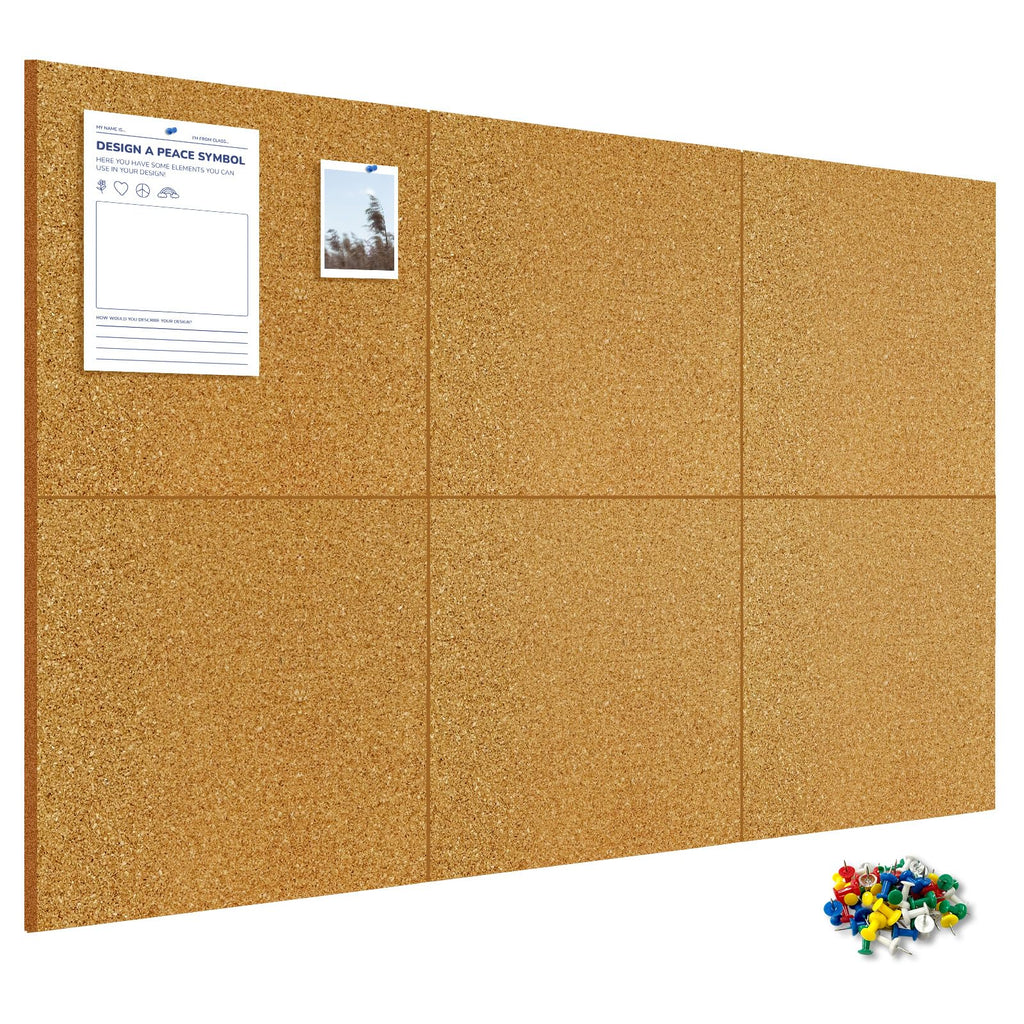 AMUSIGHT Cork Board Tiles, 6 Packs 12" x 12" 1/2" Thick Cork Bulletin Board Pin Board Self Adhesive Cork Boards for Walls with 60 Pushpins for Home Office Kitchen School