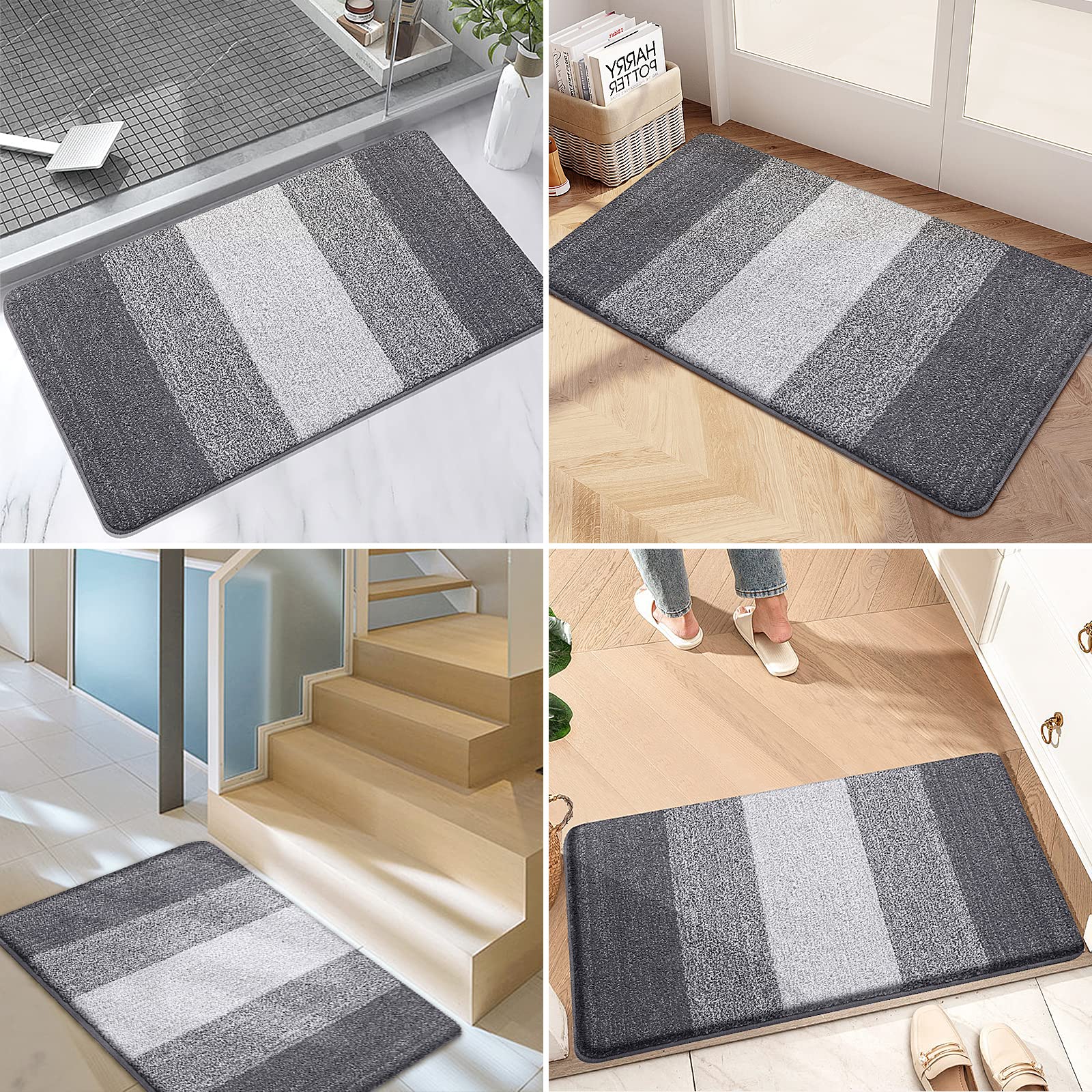 Grandaily Indoor Doormat, 20" x 32" Non-Slip Mud Trapper Absorbent Front Door Mats, Washable Striped Inside Entryway Mat, Low-Profile Welcome Mat Entrance Mat, Grey