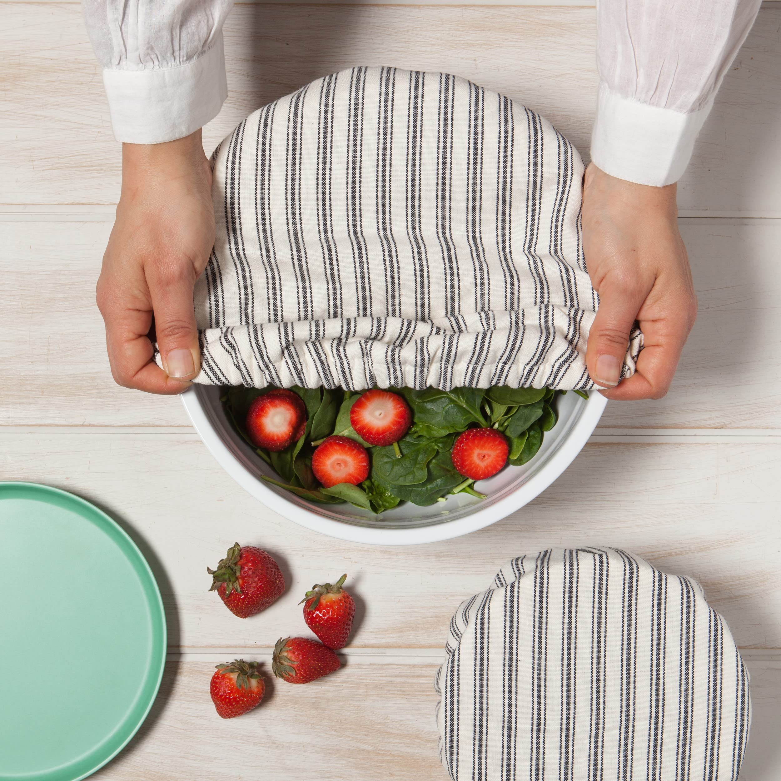 Now Designs Reusable Bowl Cover to Reduce Waste, Ticking Stripe - Large & Medium | Set of 2