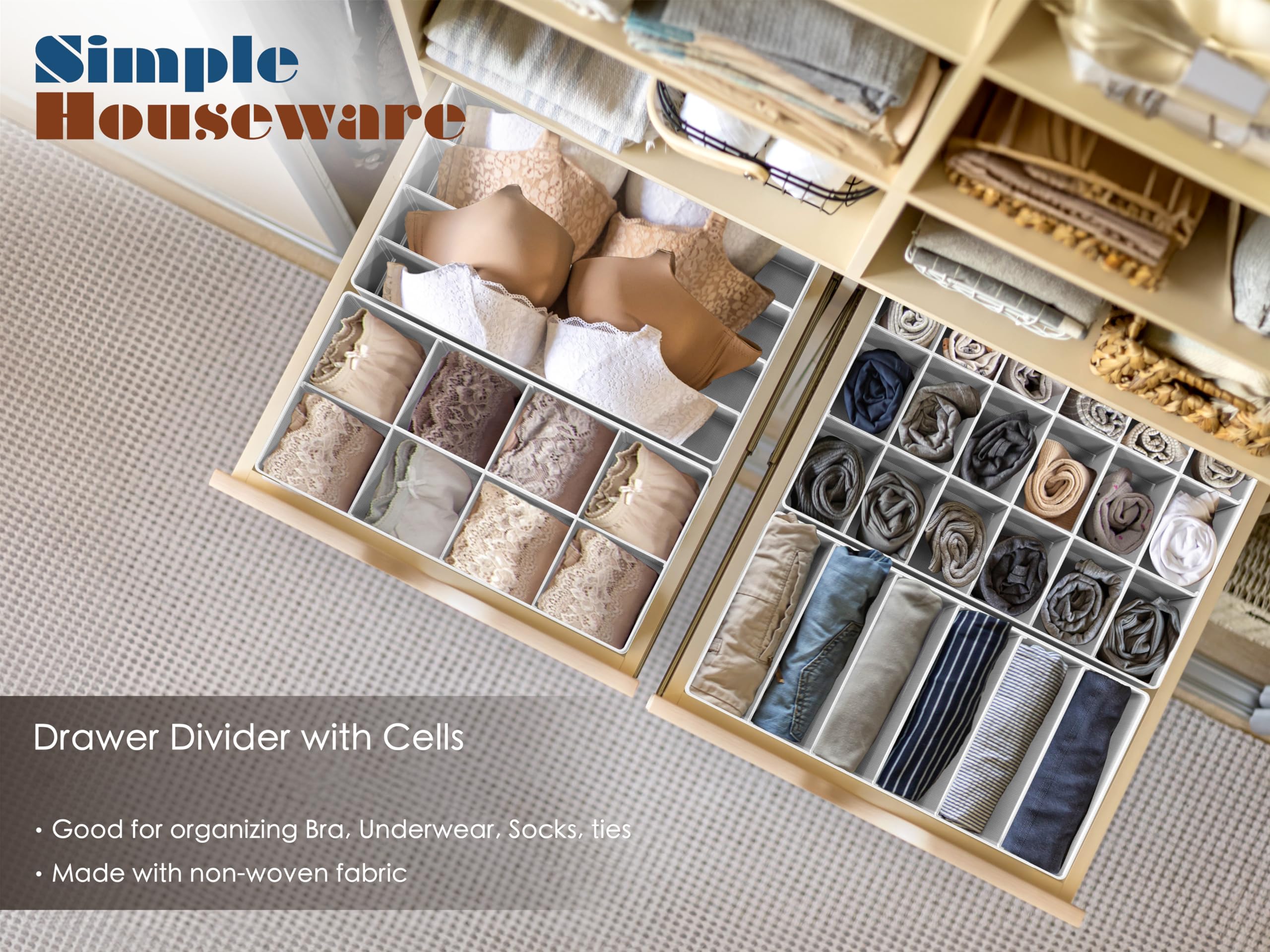 Simple Houseware Closet Underwear and Clothes Organizer Drawer Divider Set of 4, Grey