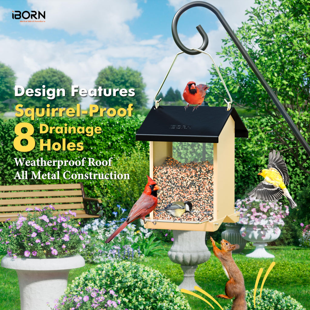 iBorn Bird Feeders for Outdoors,Bird Feeder with Weatherproof Metal Roof & 8 Drain Holes,Fully Detachable Birdfeeder Design,Easy Clean & Refill,Chew-Proof PC Windows,3.2 Lbs Capacity,Black Roof