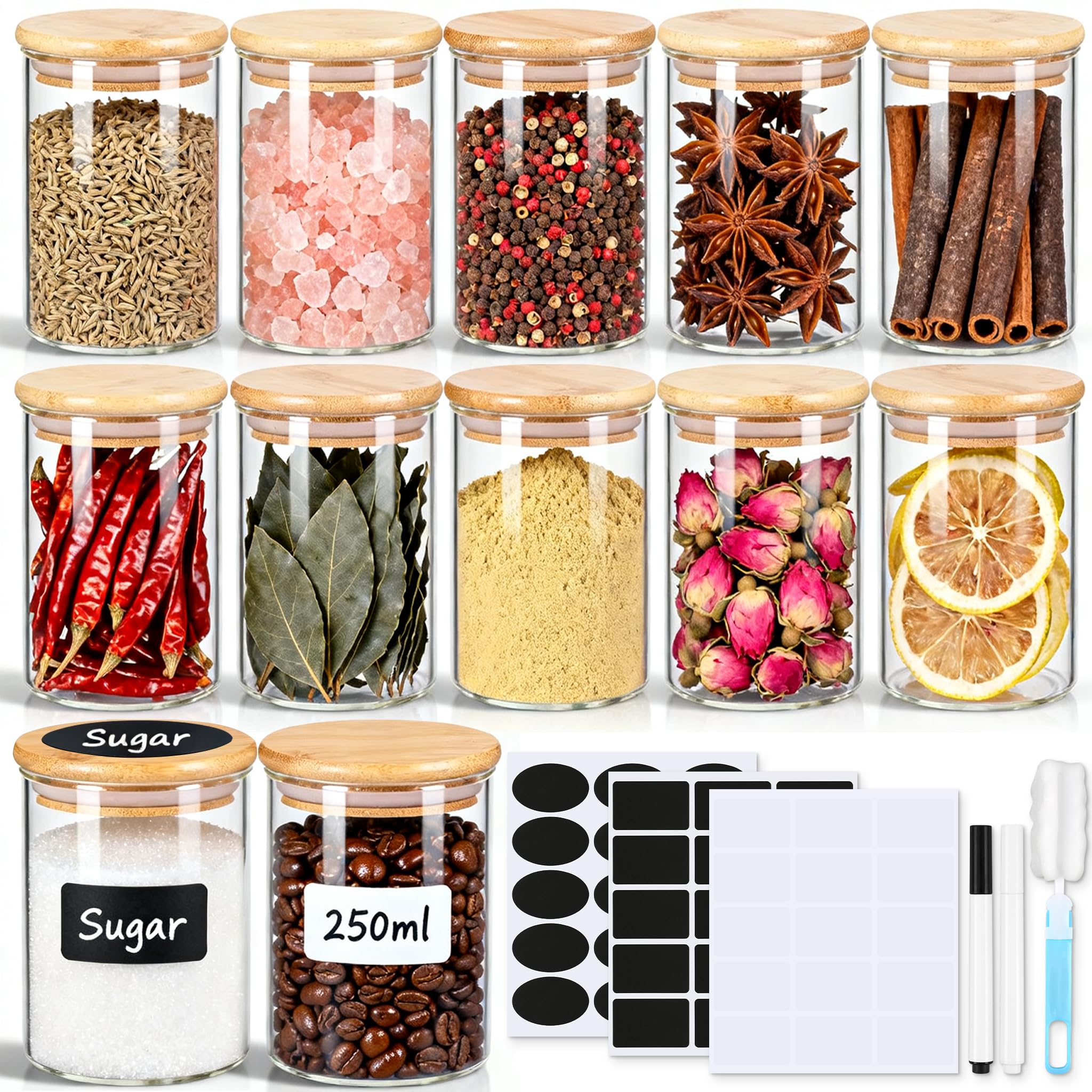 Glass Spice Jars with Bamboo Lids 12 Pack, 250ml Empty Spice Containers with Labels,Airtight Small Seasoning Jars for Salt, Pepper, Chili Powder, Sugar, Loose Tea Storage