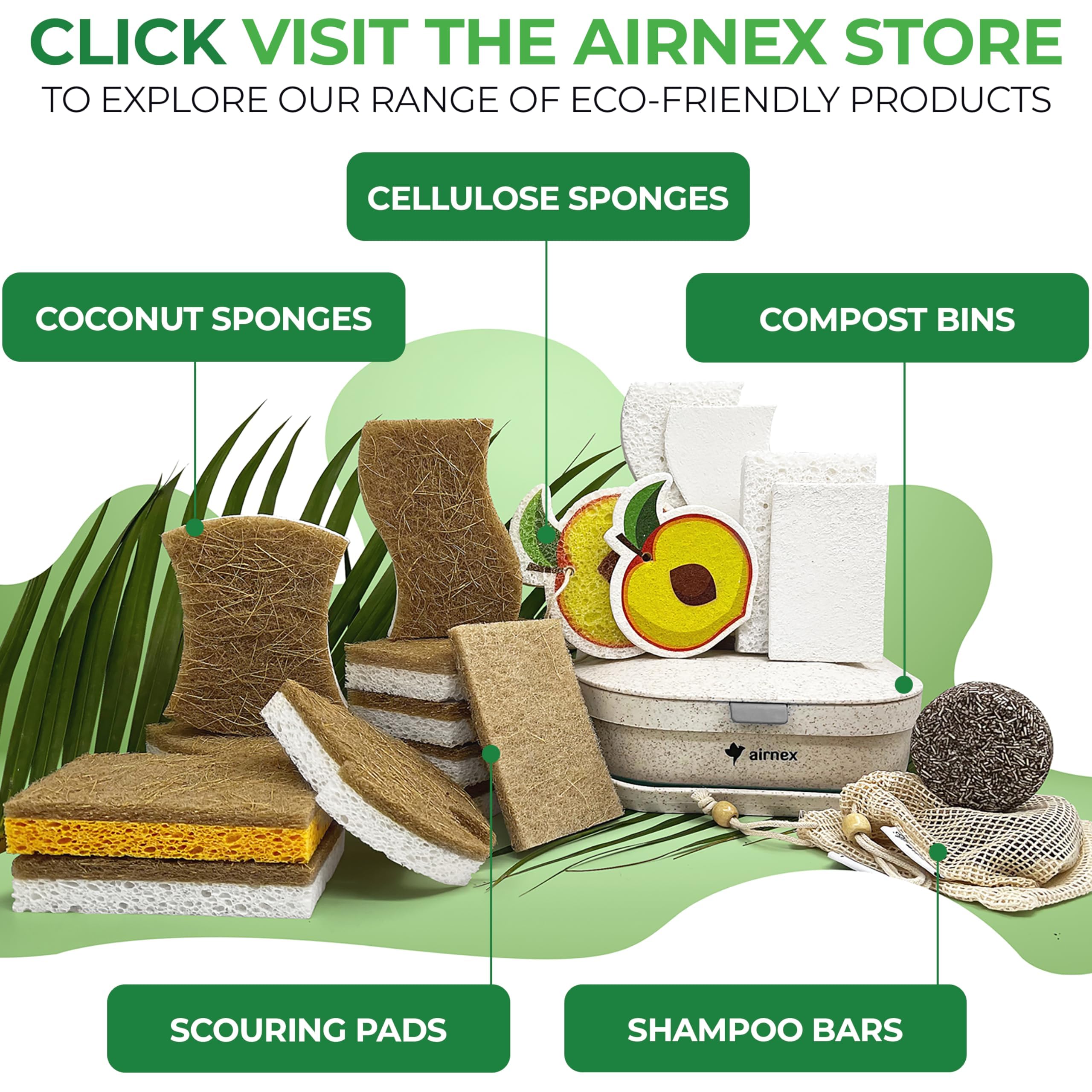 AIRNEX 12 Pack Biodegradable Natural Kitchen Sponges - Eco Friendly Cellulose and Coconut Dish Scrubbers - Non Scratch, Odourless Dual Sided Multipurpose Sponges