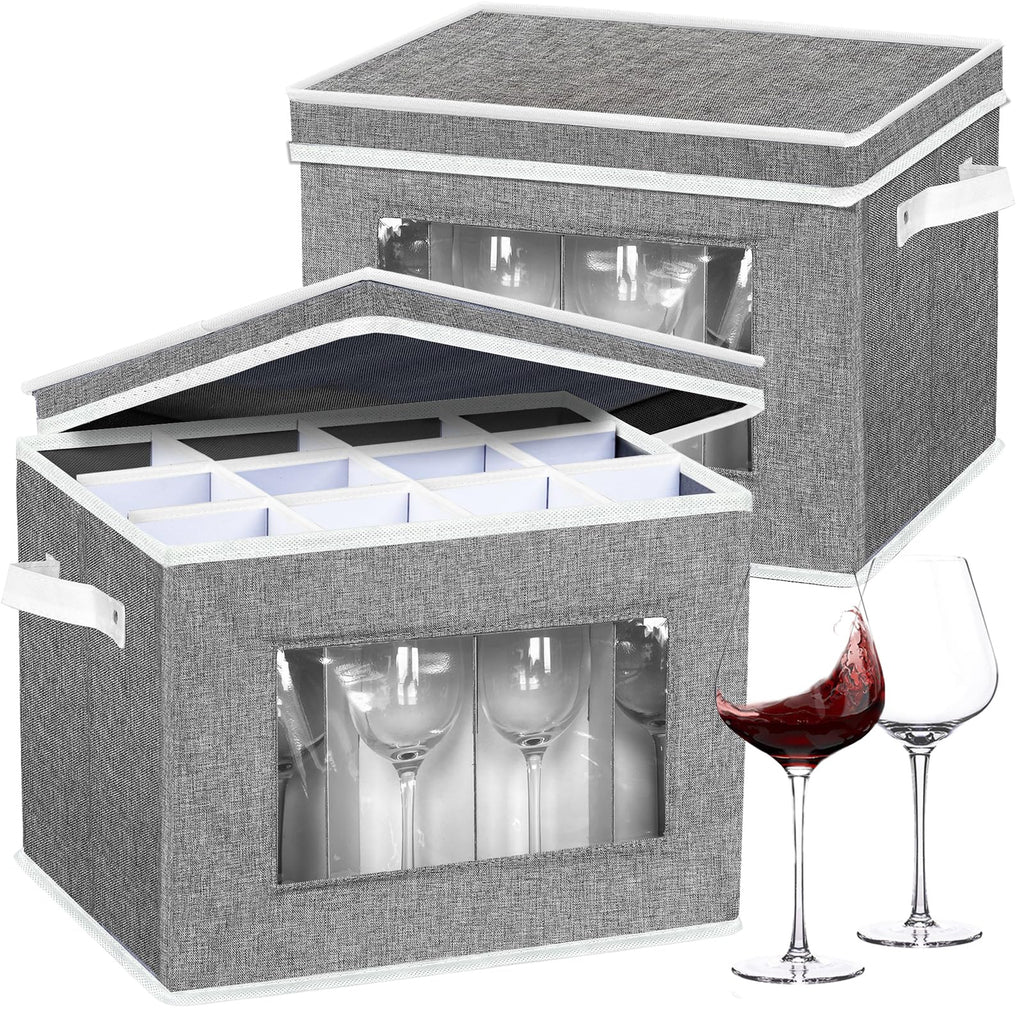 2 Pack Stemware Storage Cases, Wine Glass Storage Box with Dividers, China Crystal Glass Storage Containers Organizer for 24 Glassware Moving and Protection (Grey)