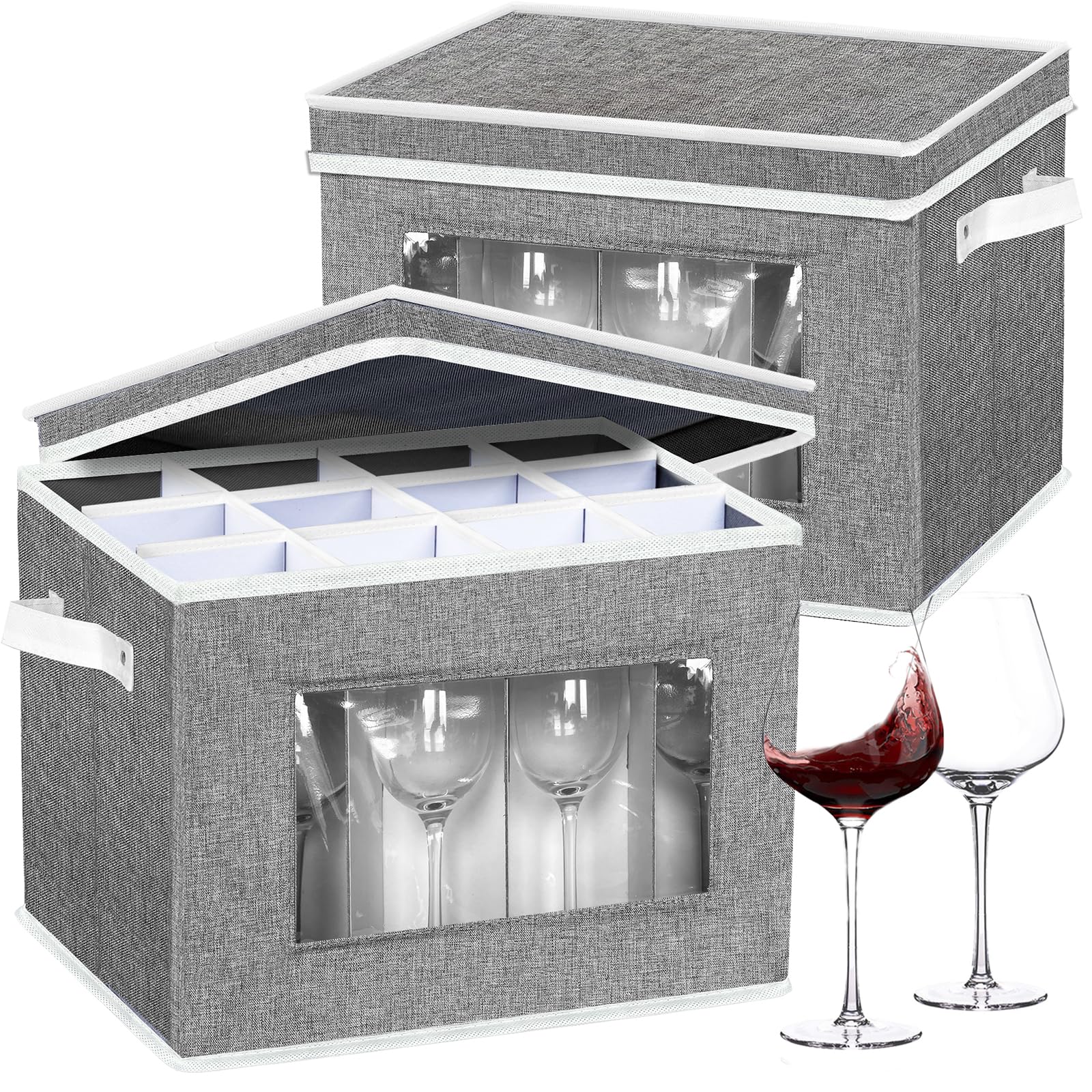 2 Pack Stemware Storage Cases, Wine Glass Storage Box with Dividers, China Crystal Glass Storage Containers Organizer for 24 Glassware Moving and Protection (Grey)