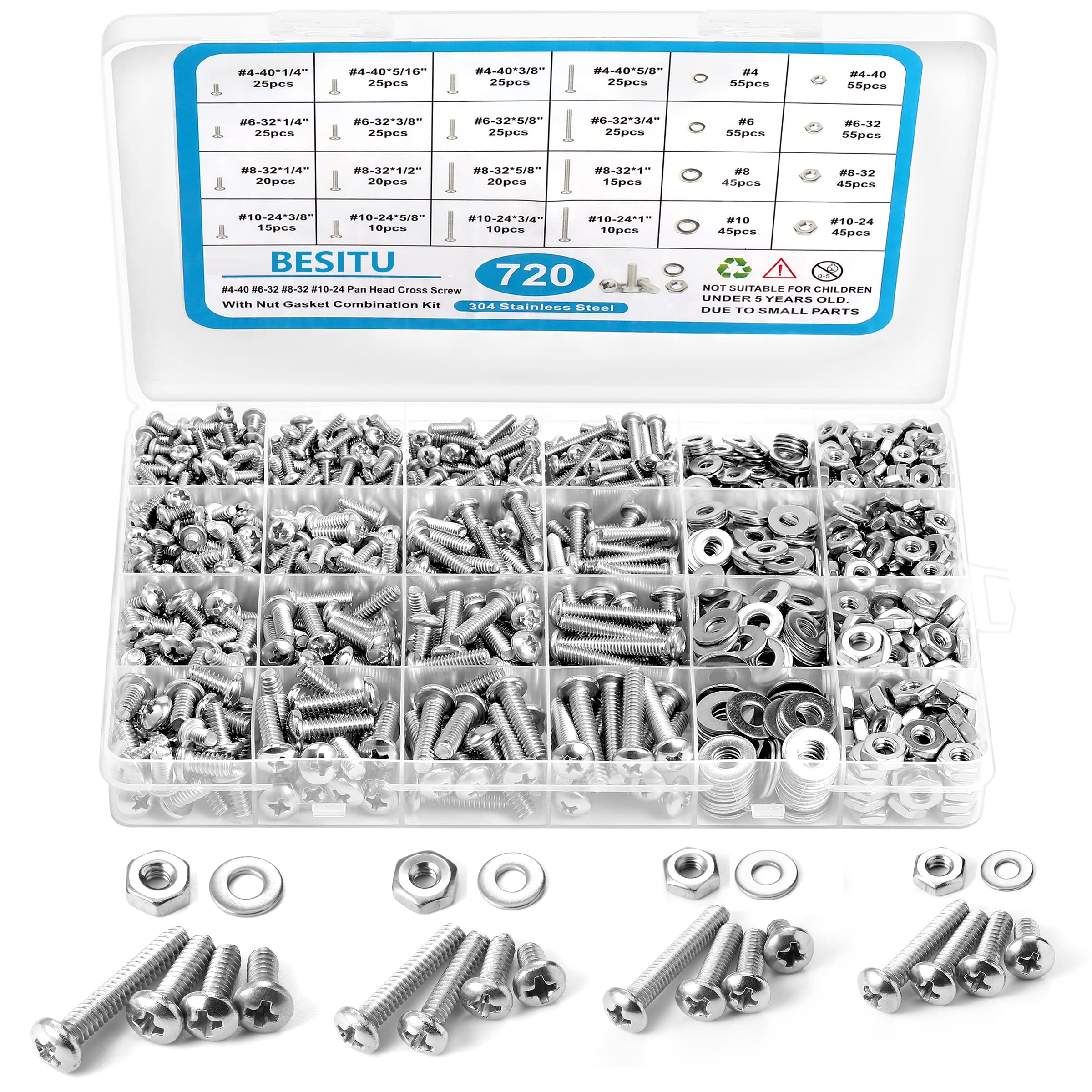 Besitu 720Pcs Machine Screw Assortment Kit, 10-24#8-32#6-32#4-40 Phillips Pan Head Assorted Nuts Bolts and Flat Washers Kit, Stainless Steel Screws Hardware Assortment with Case