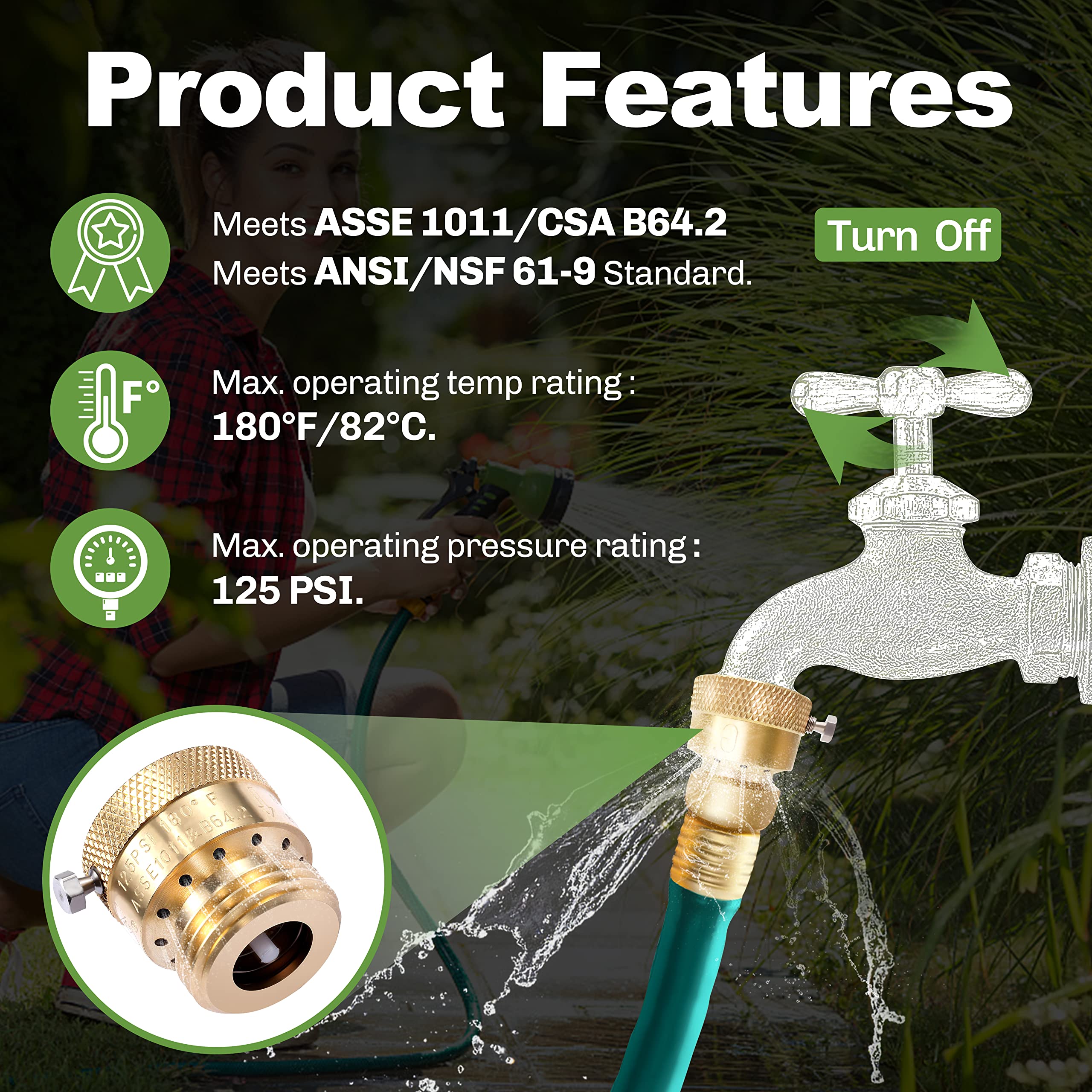 Litorange 2 Pack Brass 3/4" Inch MHT Hose Bibb Connector Backflow Preventer Vacuum Breaker