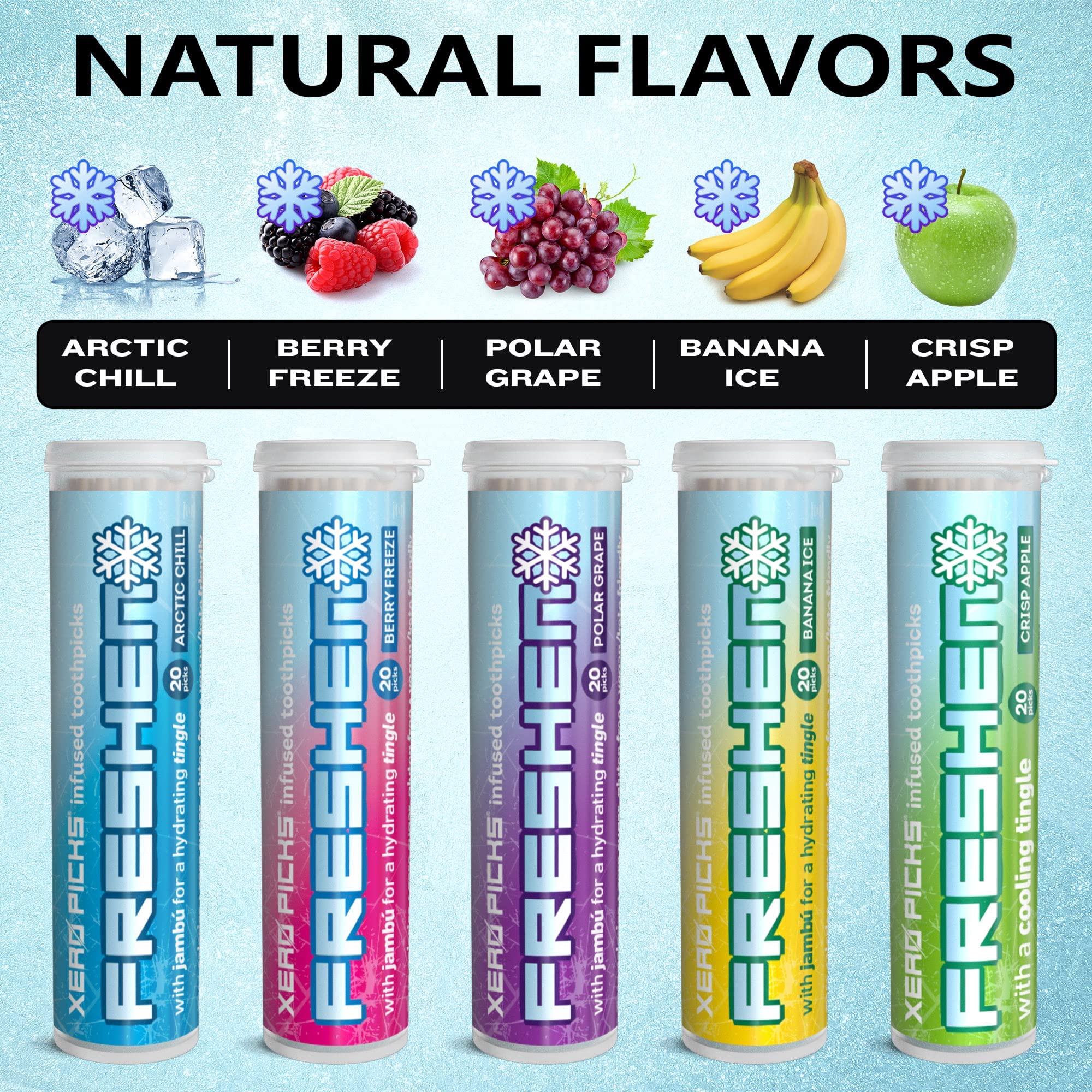 Xero Picks Freshen - Infused Flavored Toothpicks - Cooling Fresh Breath - 100 Picks | 20 per tube - 5 Pack - Variety