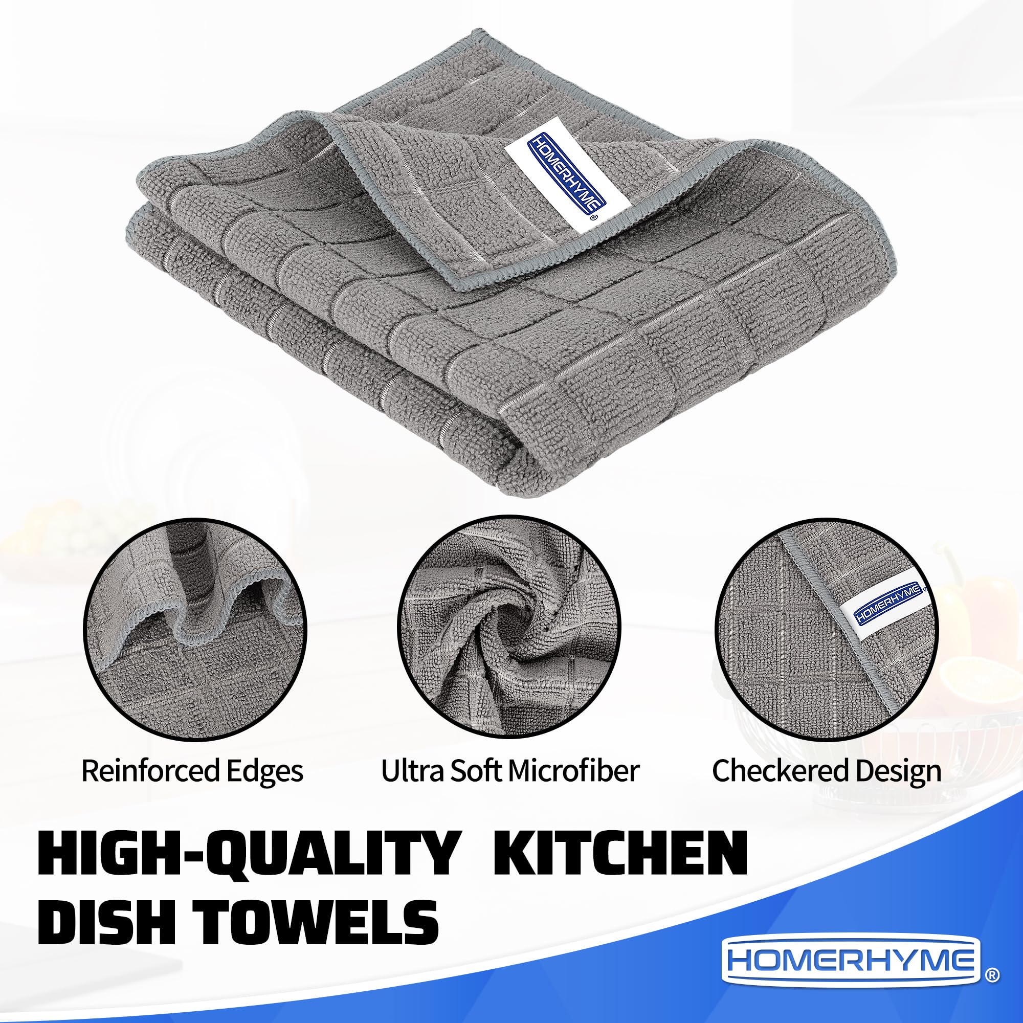 HOMERHYME Microfiber Cleaning Cloth, 8 Pack Cleaning Towels, Grey All-Purpose Quick Dry Reusable Kitchen Towels, Lint Free & Absorbent Dishcloth for Kitchen Car House Office 25'' x 15''