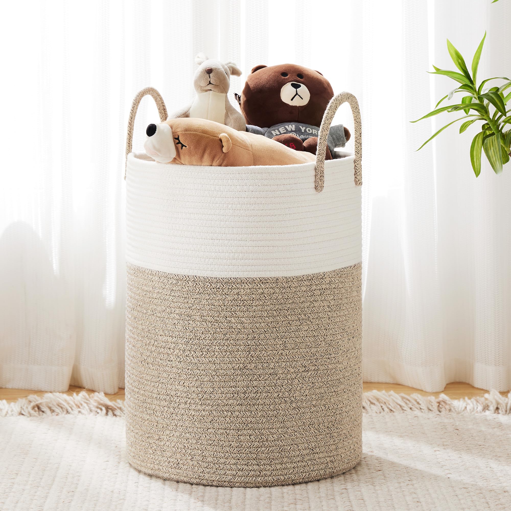 Cotton Rope Laundry Hamper by YOUDENOVA, 58L - Woven Collapsible Laundry Basket - Clothes Storage Basket for Blankets, Laundry Room Organizing, Bedroom Storage, Clothes Hamper – Brown