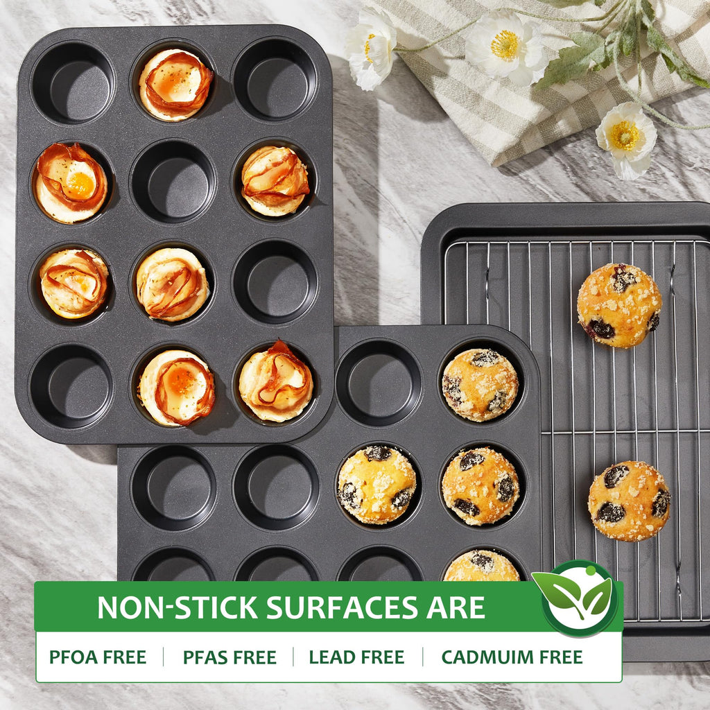 HONGBAKE Muffin Pan for Baking, Nonstick Cupcake Tin 12 Cup, 2 Pack Cup Cake Tray, Premium & Dishwasher Safe - Dark Grey